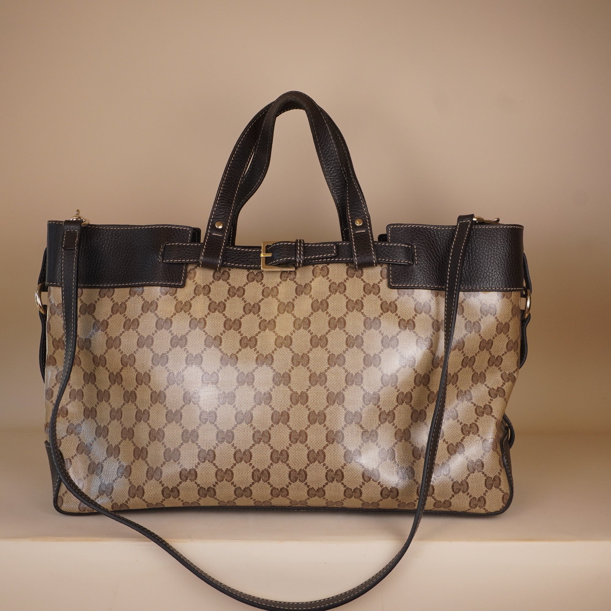 PRE-OWNED GG Crystal Monogram Tote Brown