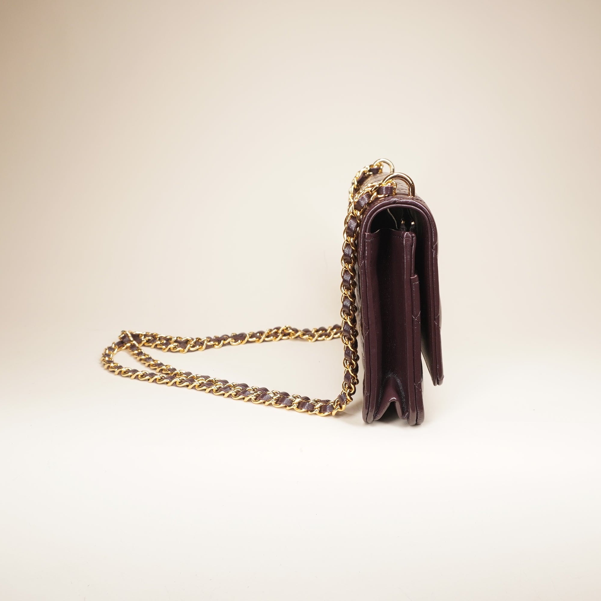 PRE-OWNED CC Burgundy Calfskin Wallet on a Chain Crossbody Bag