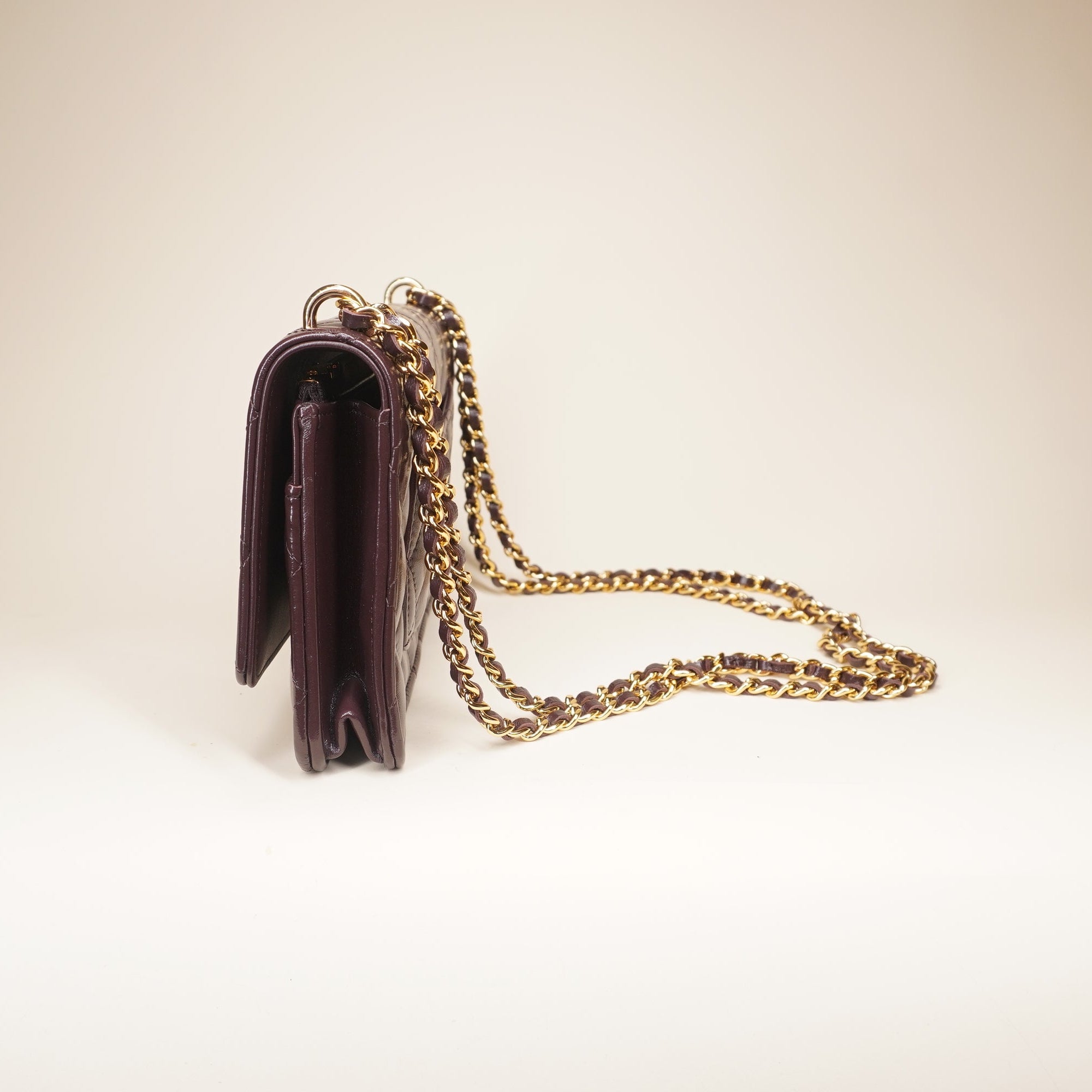 PRE-OWNED CC Burgundy Calfskin Wallet on a Chain Crossbody Bag