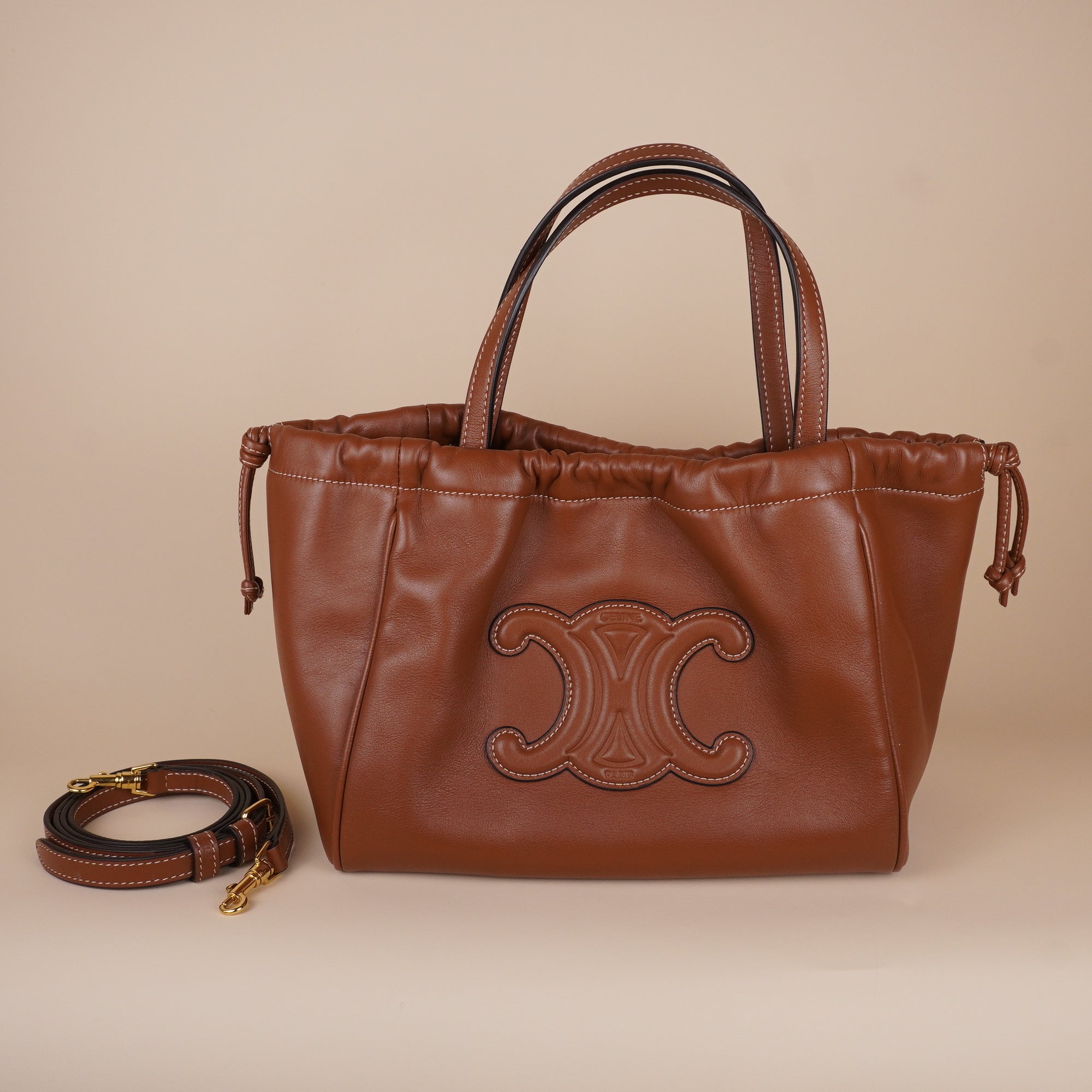 PRE-OWNED Smooth Calfskin Cuir Small Triomphe Cabas Drawstring Tan