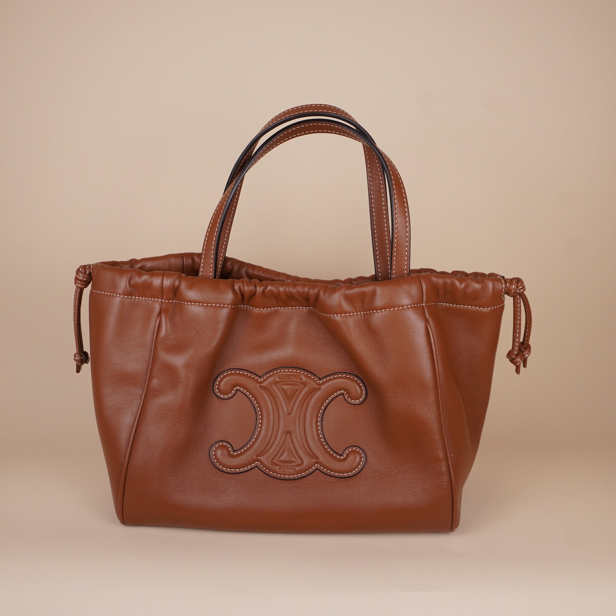 PRE-OWNED Smooth Calfskin Cuir Small Triomphe Cabas Drawstring Tan