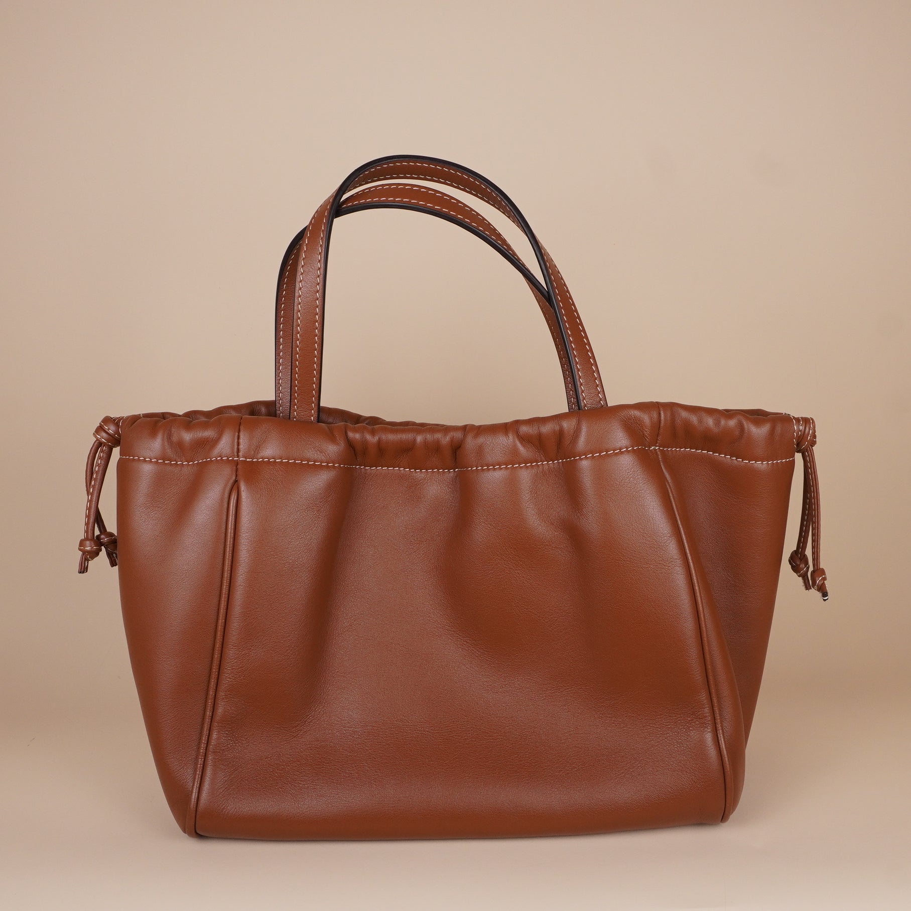 PRE-OWNED Smooth Calfskin Cuir Small Triomphe Cabas Drawstring Tan