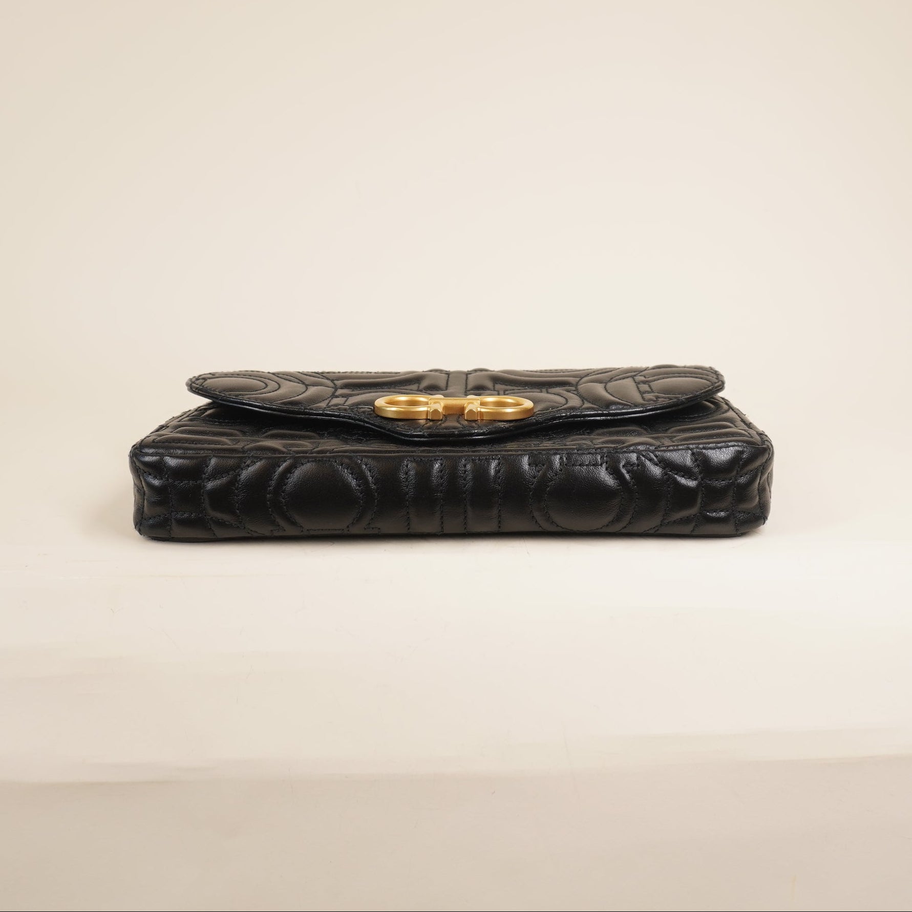 PRE-OWNED Calfskin Quilted Gancini Mini Crossbody Bag Black