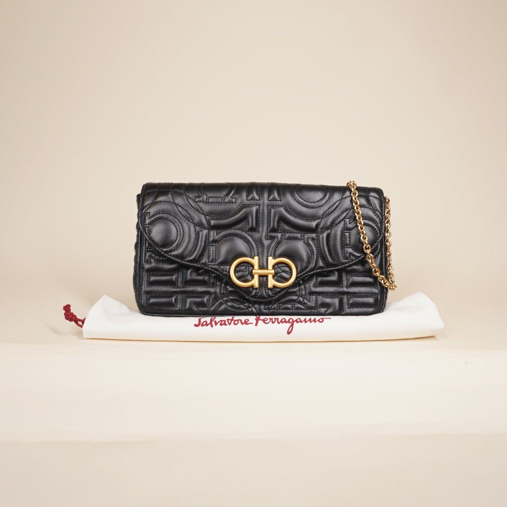 PRE-OWNED Calfskin Quilted Gancini Mini Crossbody Bag Black