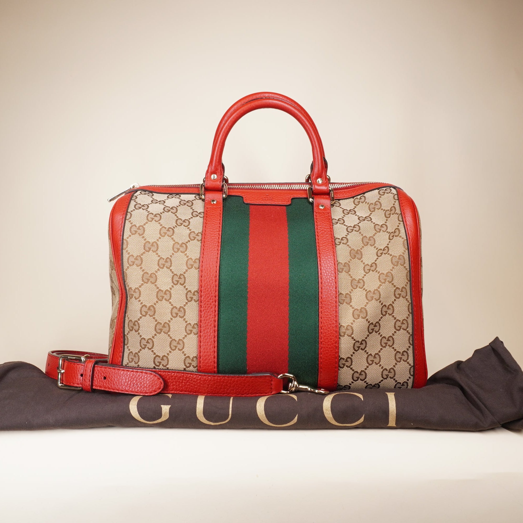 PRE-OWNED GG Boston Wed Monogram Canvas Red Shoulder Bag