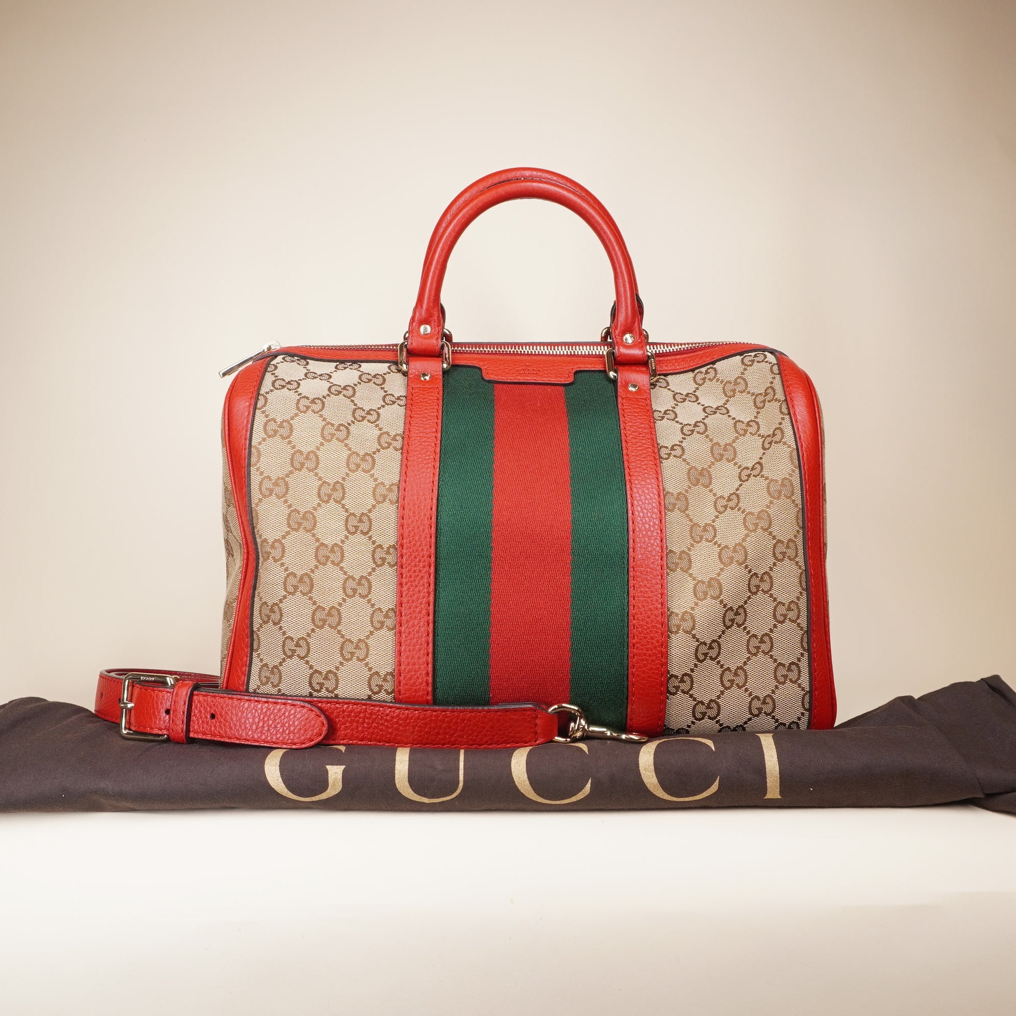 PRE-OWNED GG Boston Wed Monogram Canvas Red Shoulder Bag