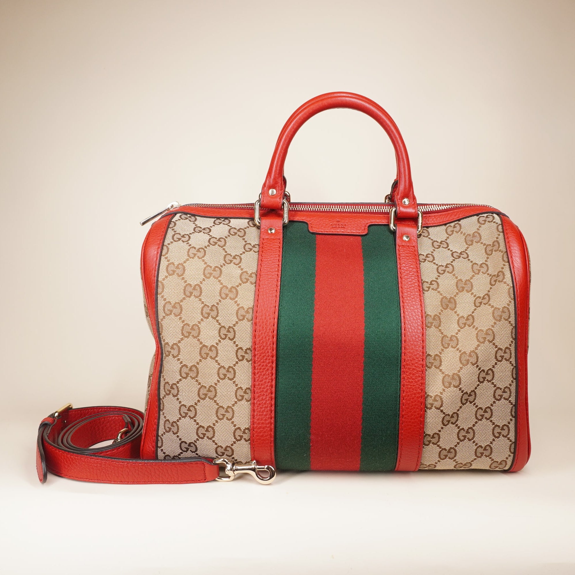 PRE-OWNED GG Boston Wed Monogram Canvas Red Shoulder Bag