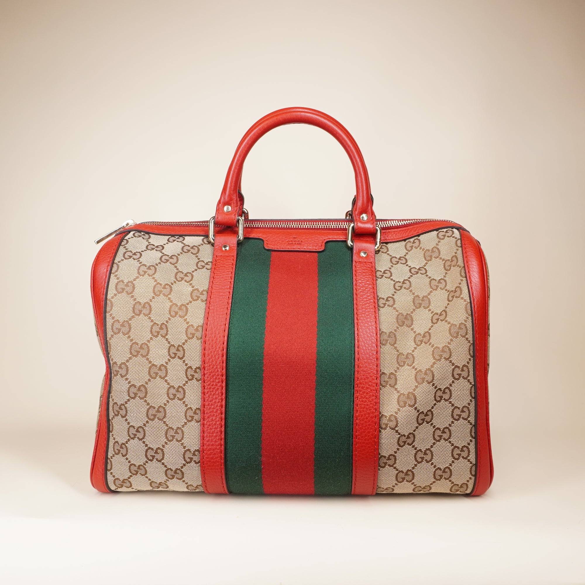 PRE-OWNED GG Boston Wed Monogram Canvas Red Shoulder Bag