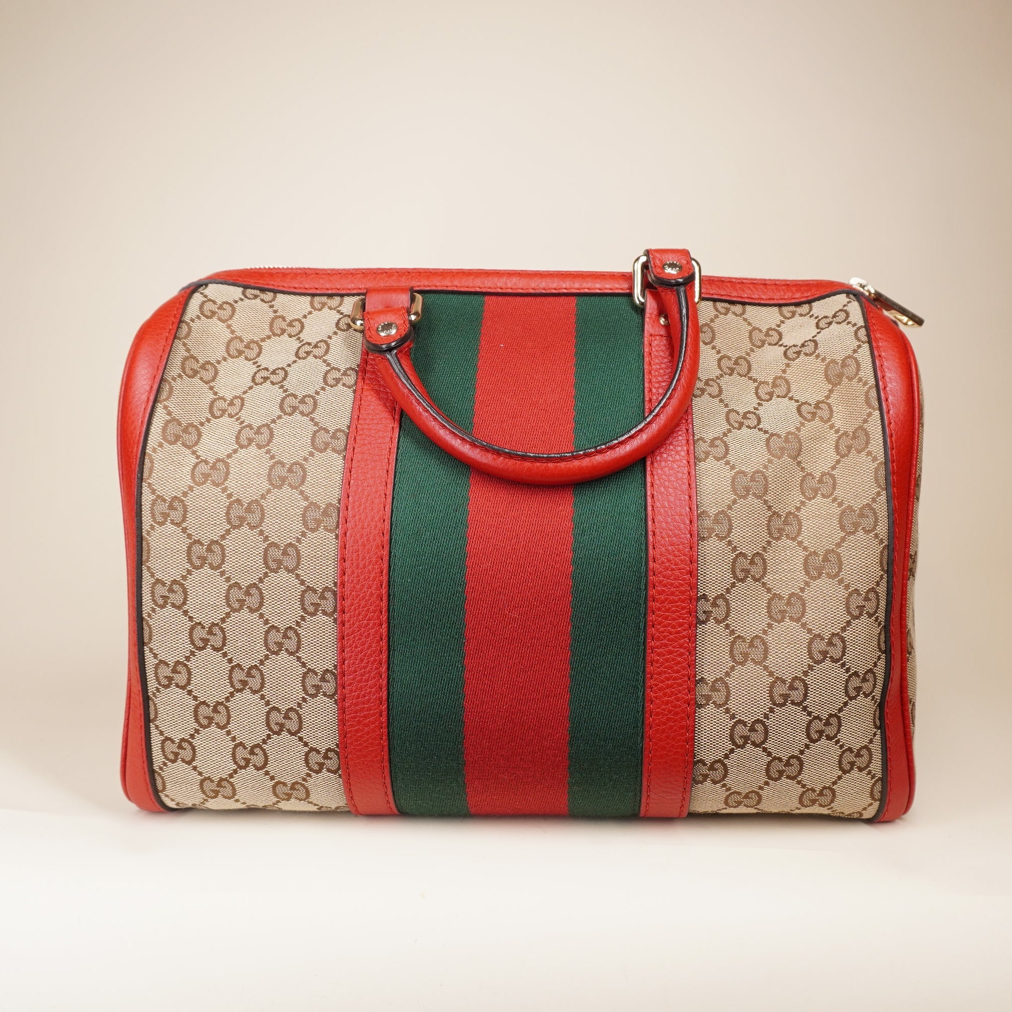 PRE-OWNED GG Boston Wed Monogram Canvas Red Shoulder Bag