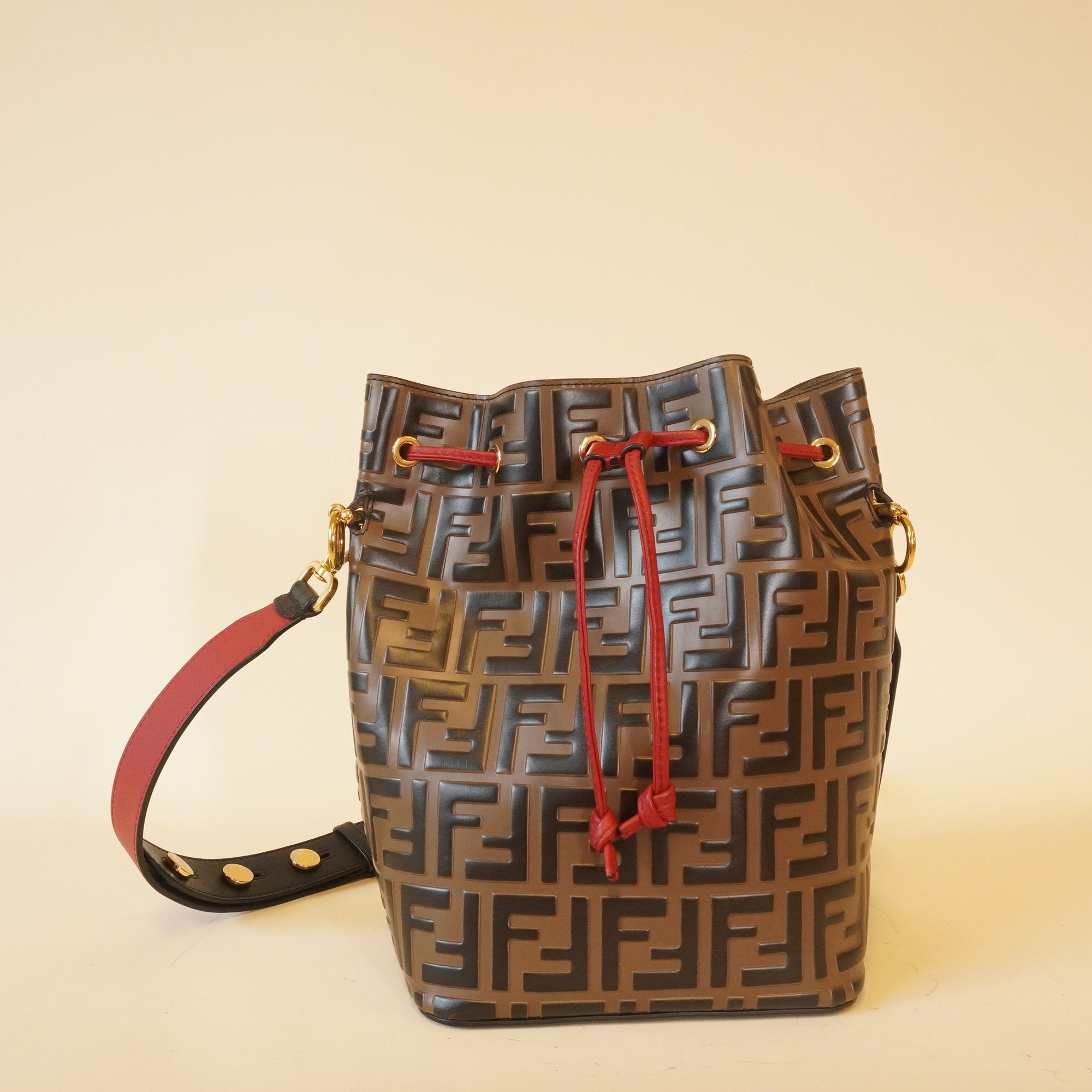 PRE-OWNED Vitello Grace Bi-Color FF 1974 Embossed Grande Mon Tresor Bucket Bag Maya Black Fragola