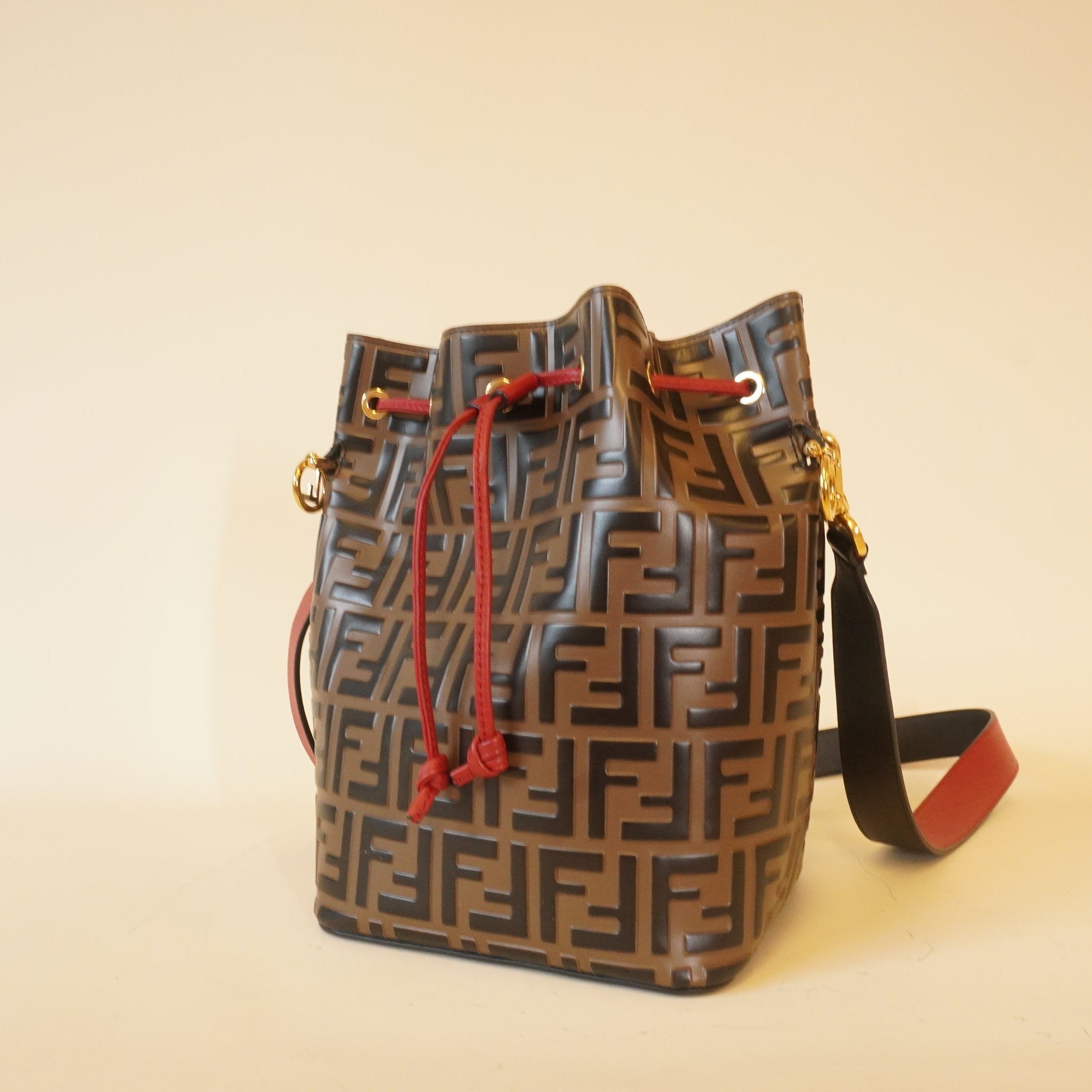 PRE-OWNED Vitello Grace Bi-Color FF 1974 Embossed Grande Mon Tresor Bucket Bag Maya Black Fragola