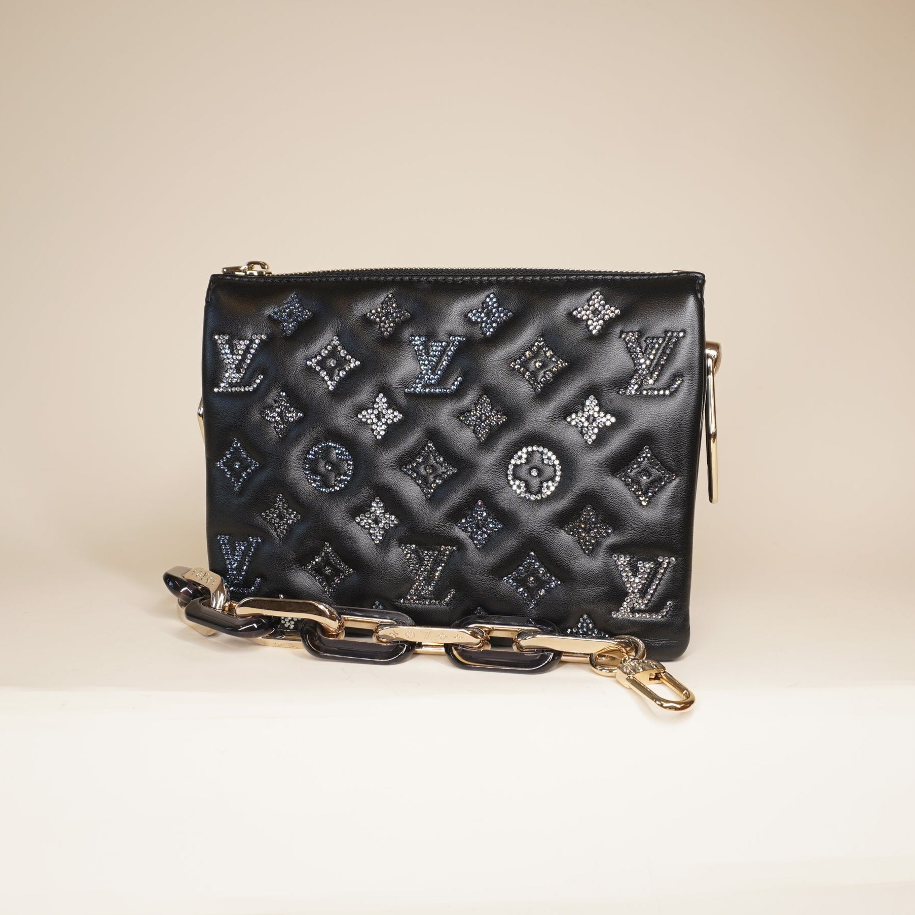 PRE-OWNED LV Black Crystals Lambskin Embossed Monogram Coussin BB