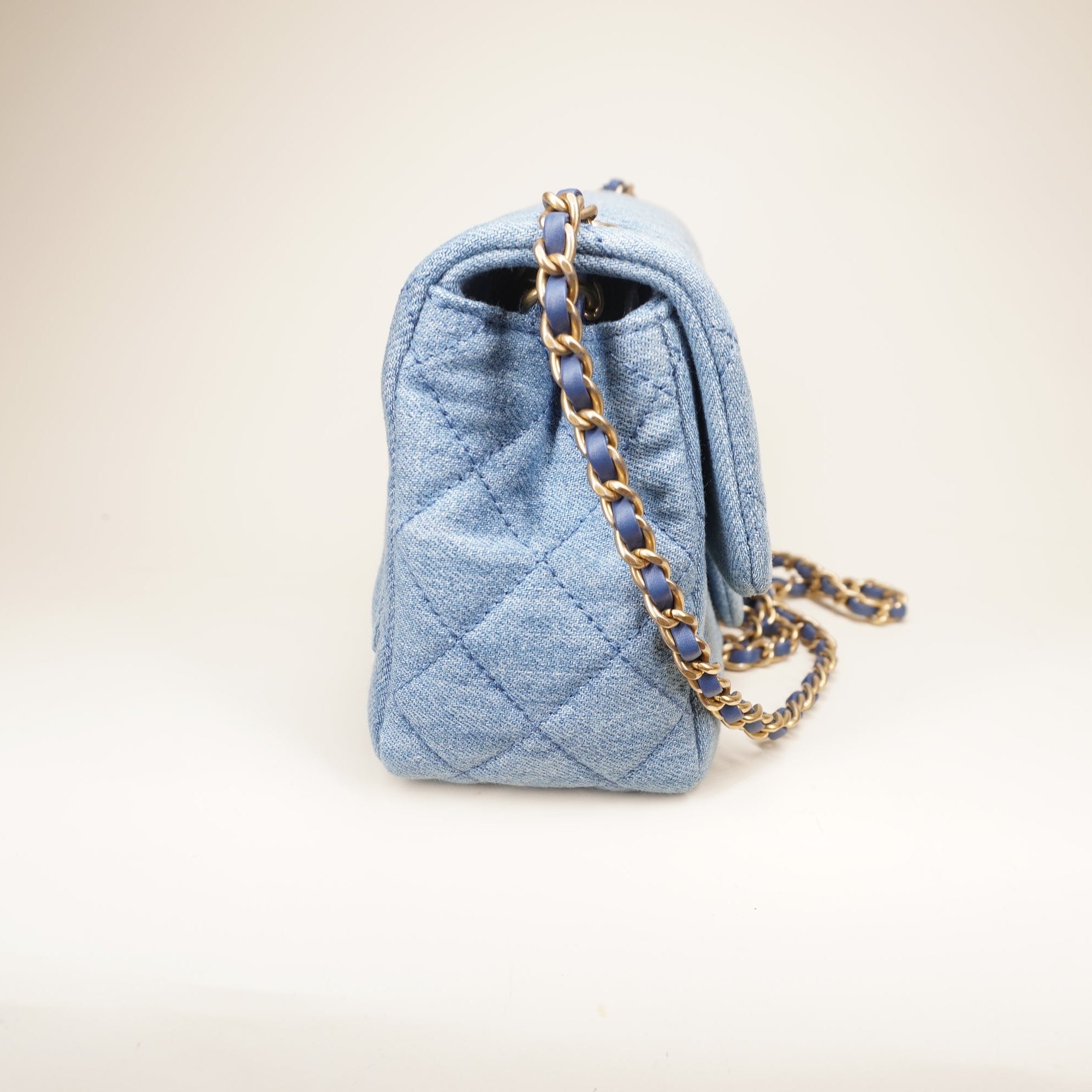 PRE-OWNED CC Denim Quilted Mini Crush Flap