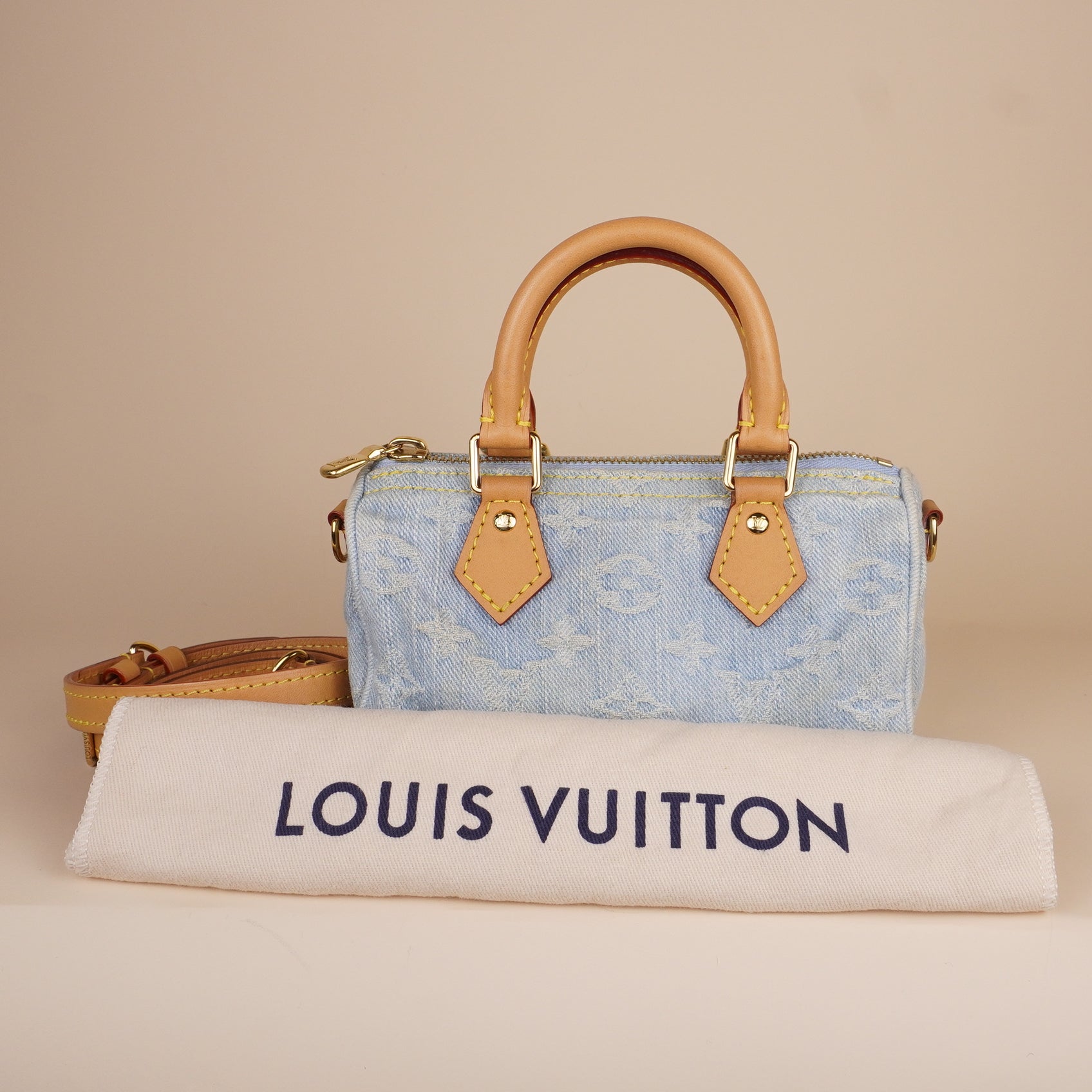 PRE-OWNED LV Monogram Denim Nano Speedy Sky Blue