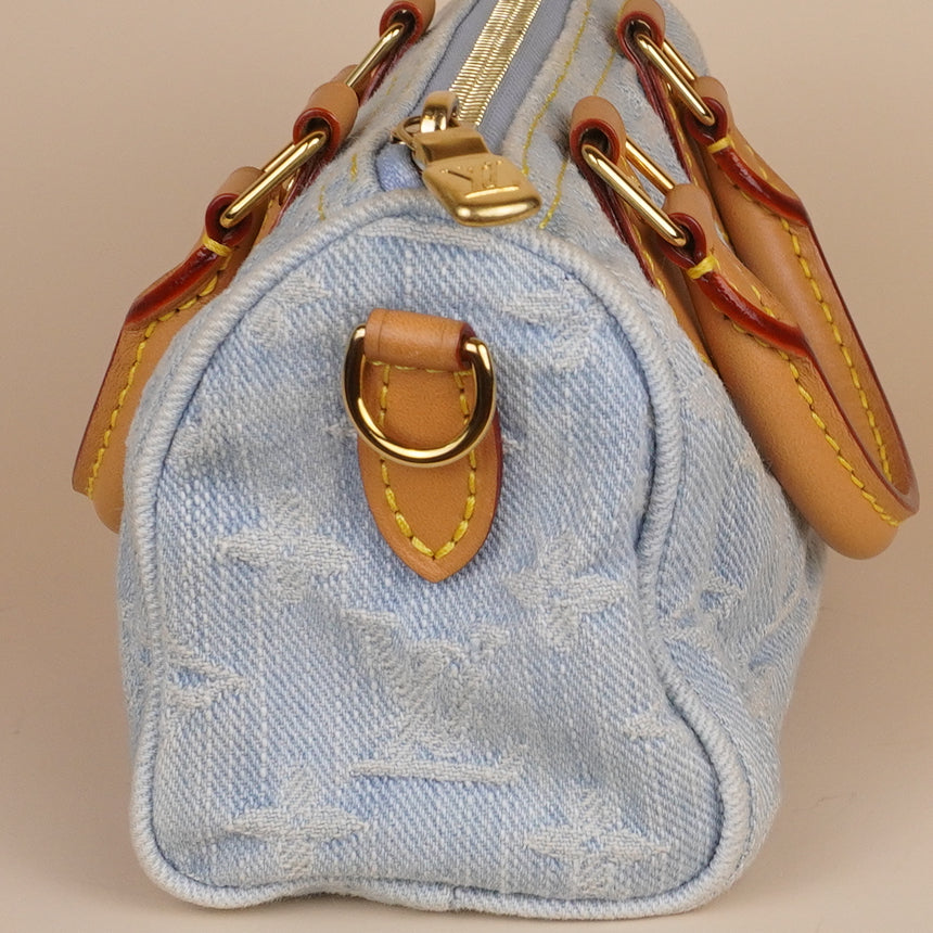 PRE-OWNED LV Monogram Denim Nano Speedy Sky Blue