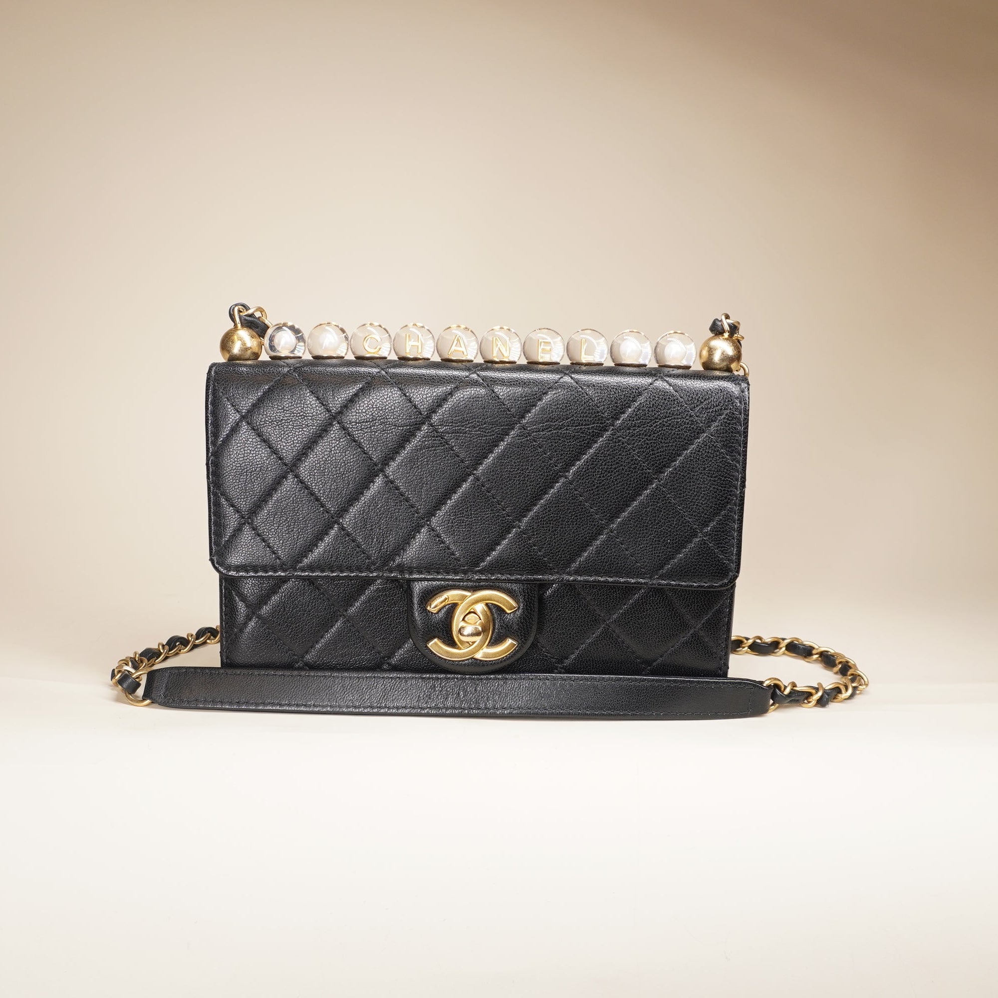 PRE-OWNED CC Lambskin Quilted Small Chic Pearls Flap Black