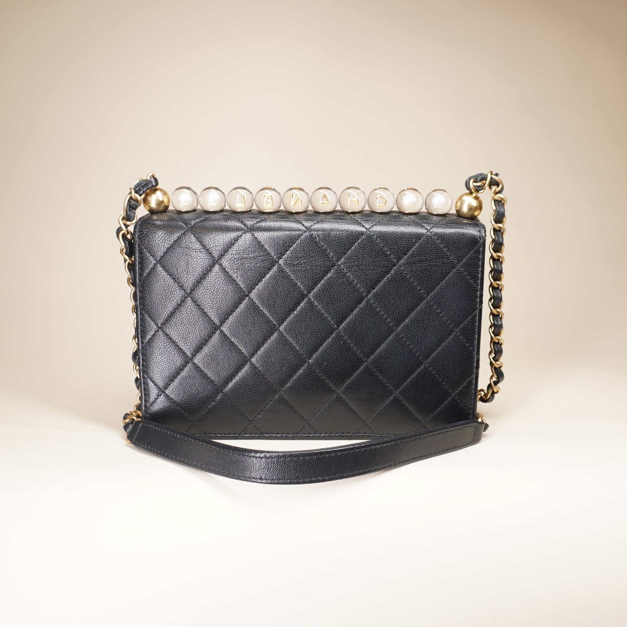 PRE-OWNED CC Lambskin Quilted Small Chic Pearls Flap Black