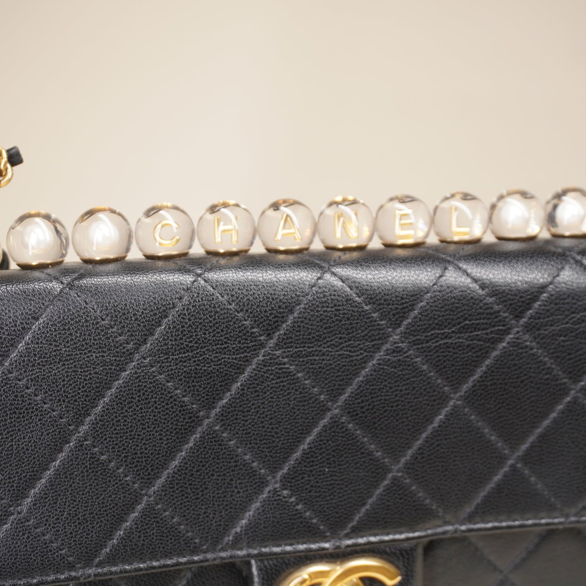 PRE-OWNED CC Lambskin Quilted Small Chic Pearls Flap Black