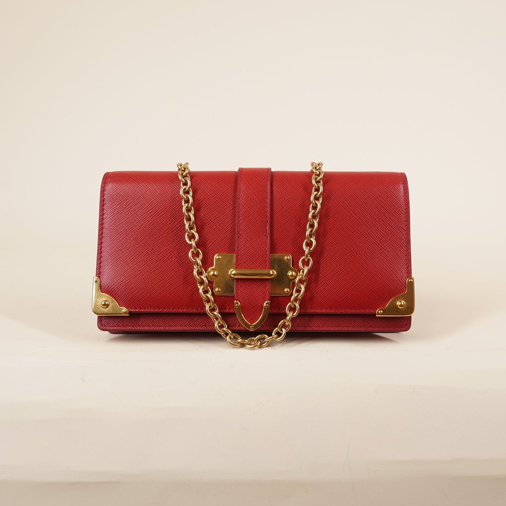 PRE-OWNED  Red Saffiano Leather Cahier Wallet on Chain