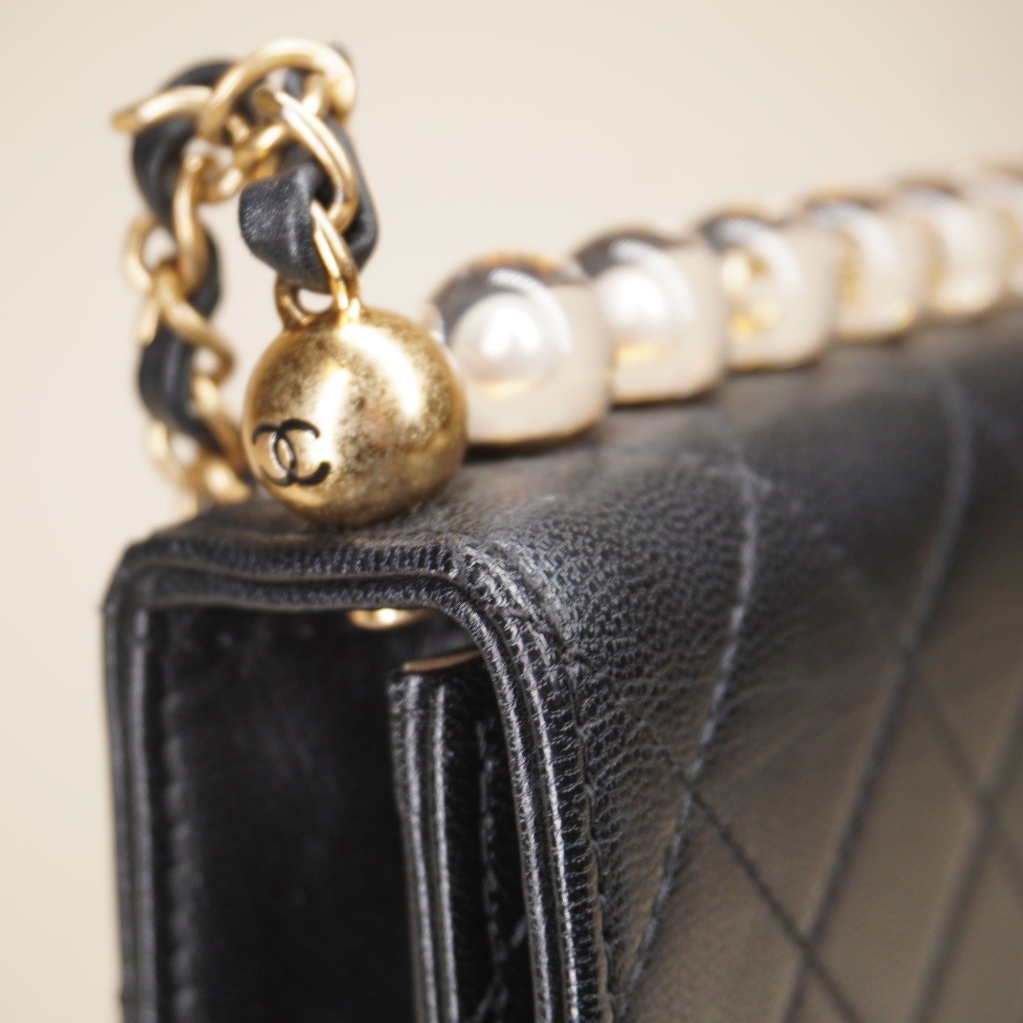 PRE-OWNED CC Lambskin Quilted Small Chic Pearls Flap Black