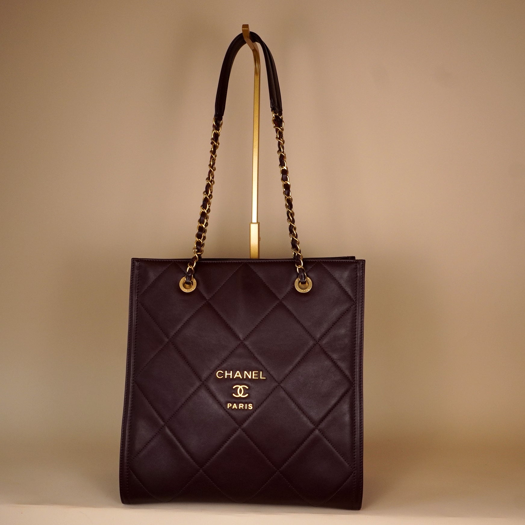 PRE-OWNED CC Burgundy Quilted Matelasse Mini Shopper Tote