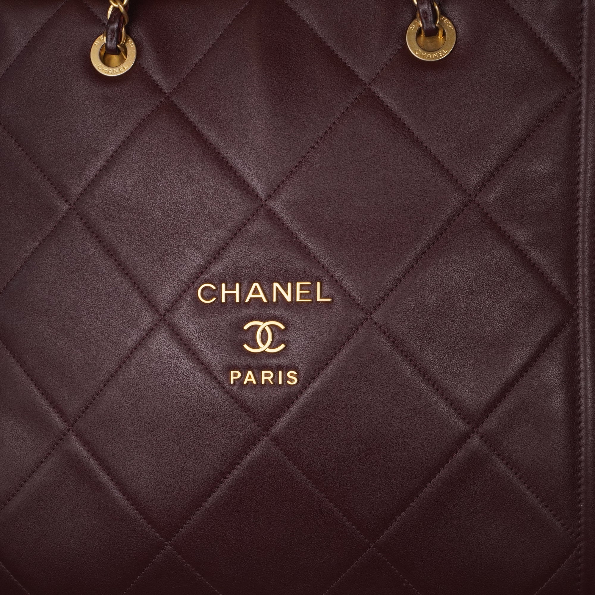 PRE-OWNED CC Burgundy Quilted Matelasse Mini Shopper Tote