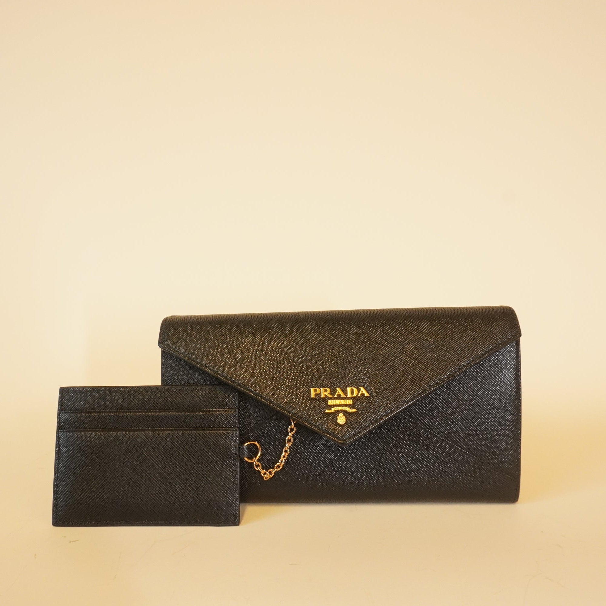 PRE-OWNED  Black Saffiano Metal Envelope Wallet
