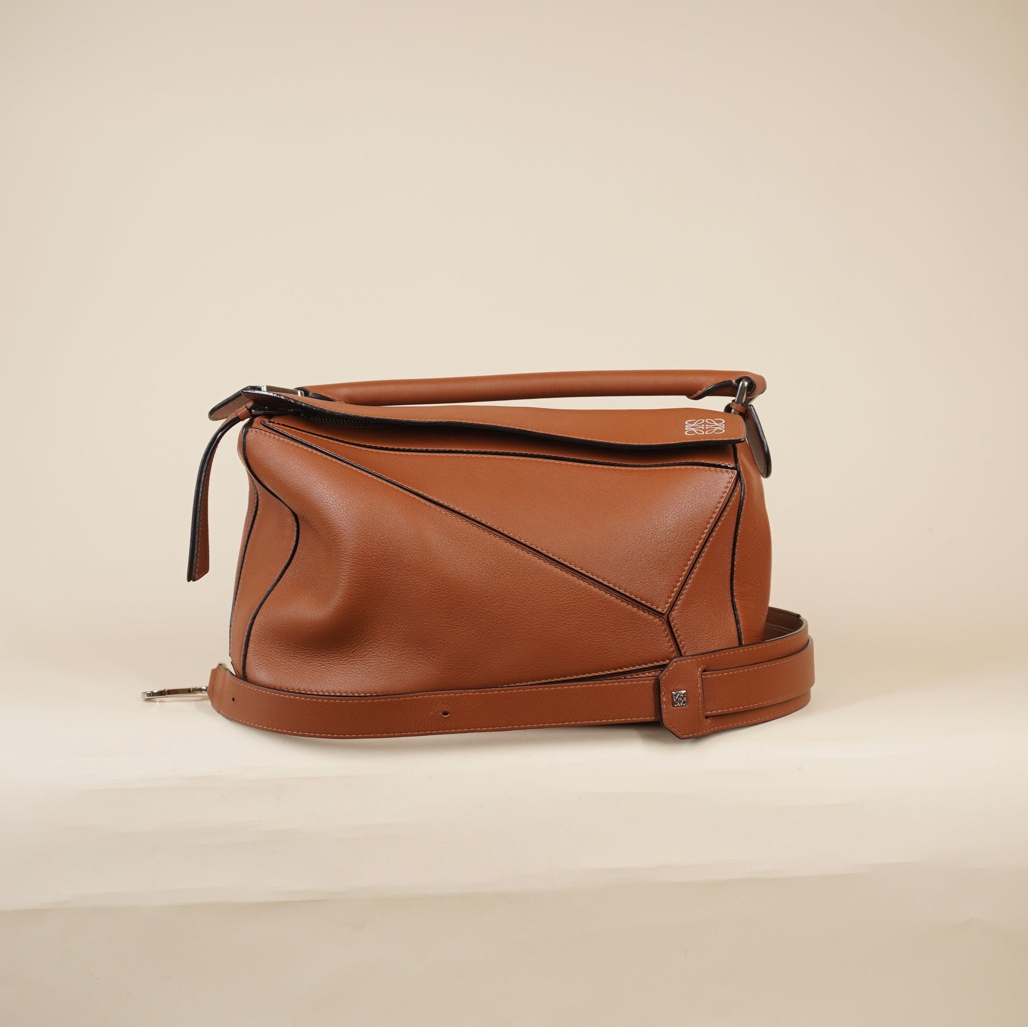 PRE-OWNED Brown Tan Calfskin Medium Puzzle Bag