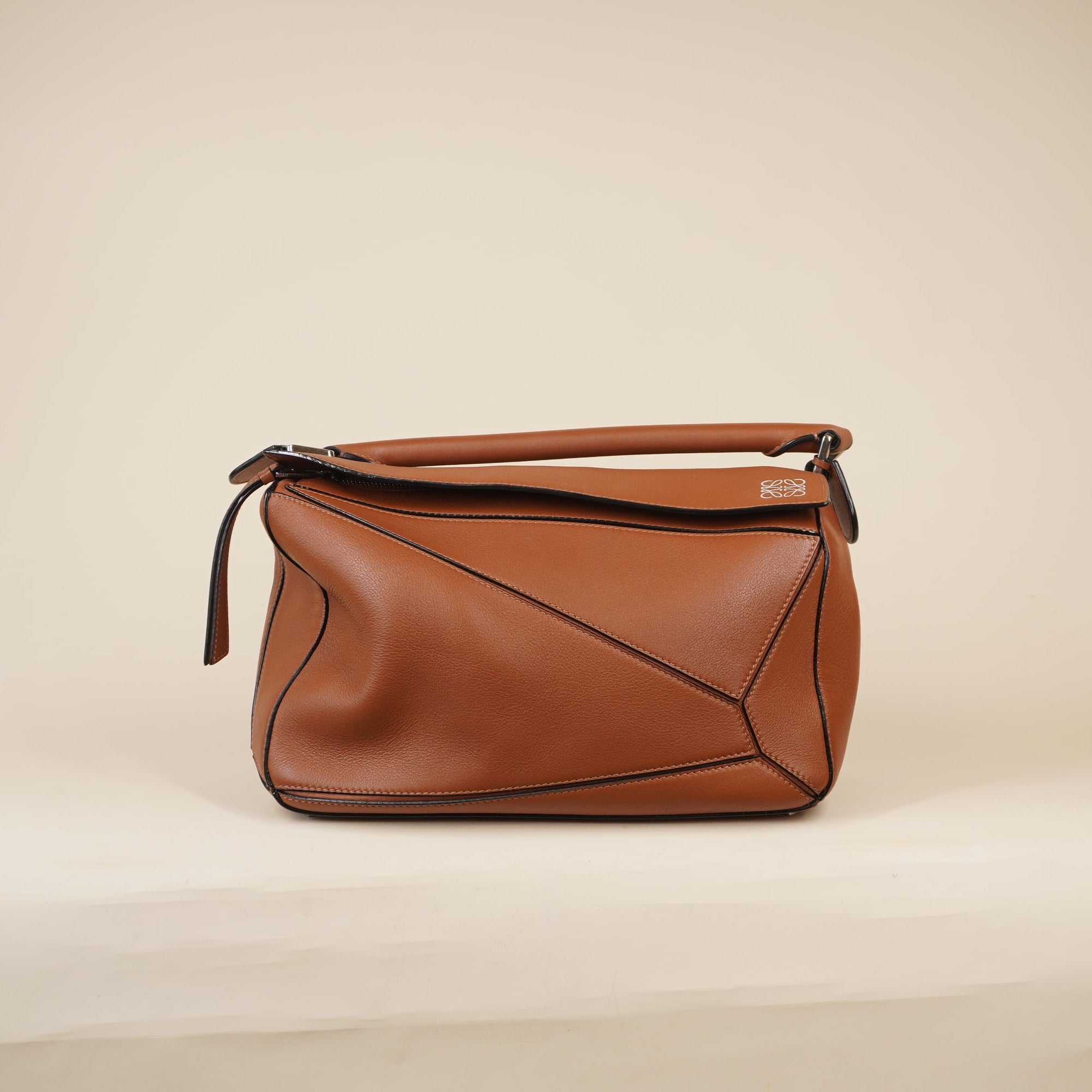 PRE-OWNED Brown Tan Calfskin Medium Puzzle Bag