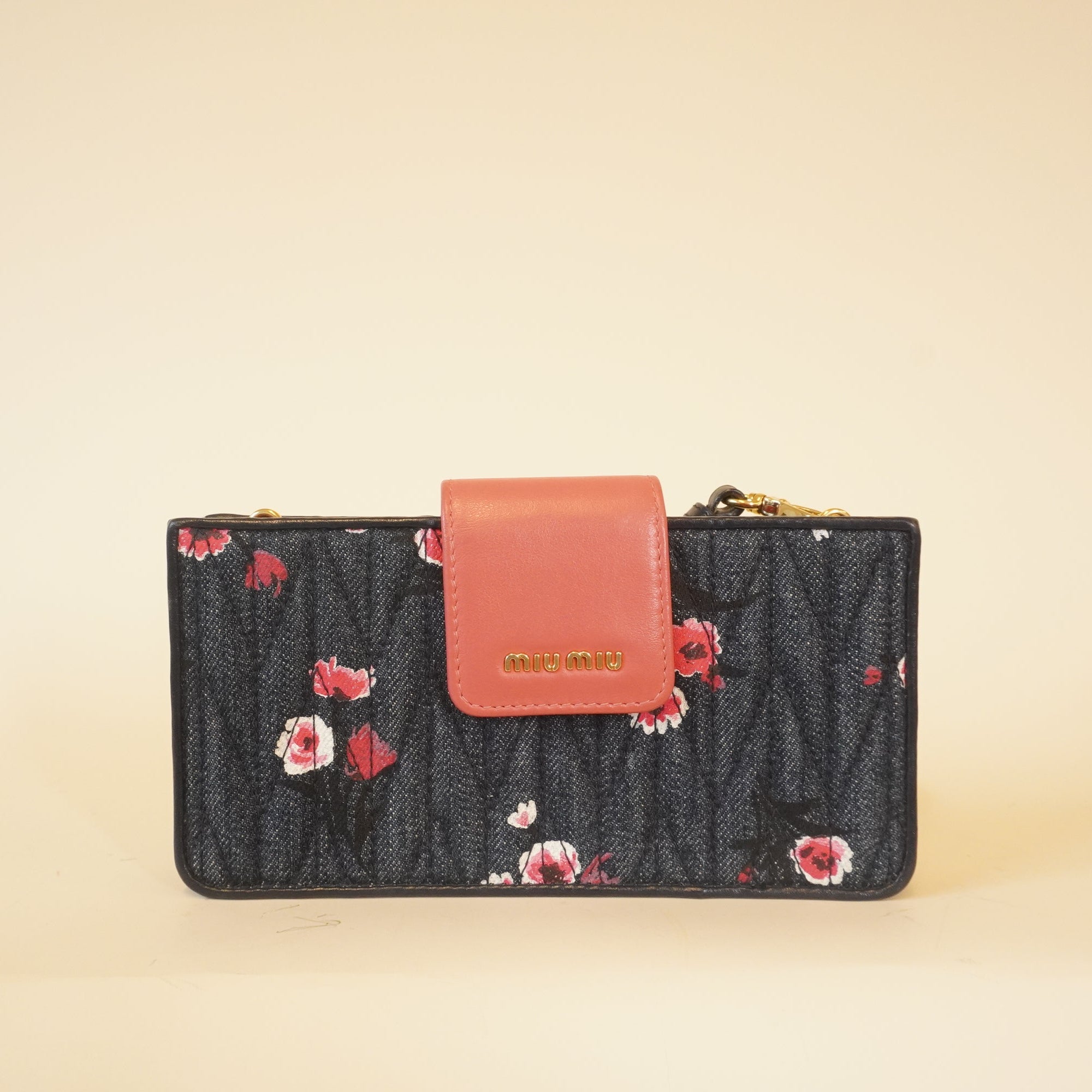 PRE-OWNED Denim Flowers Matelasse Leather Wallet on a Chain Shoulder Bag
