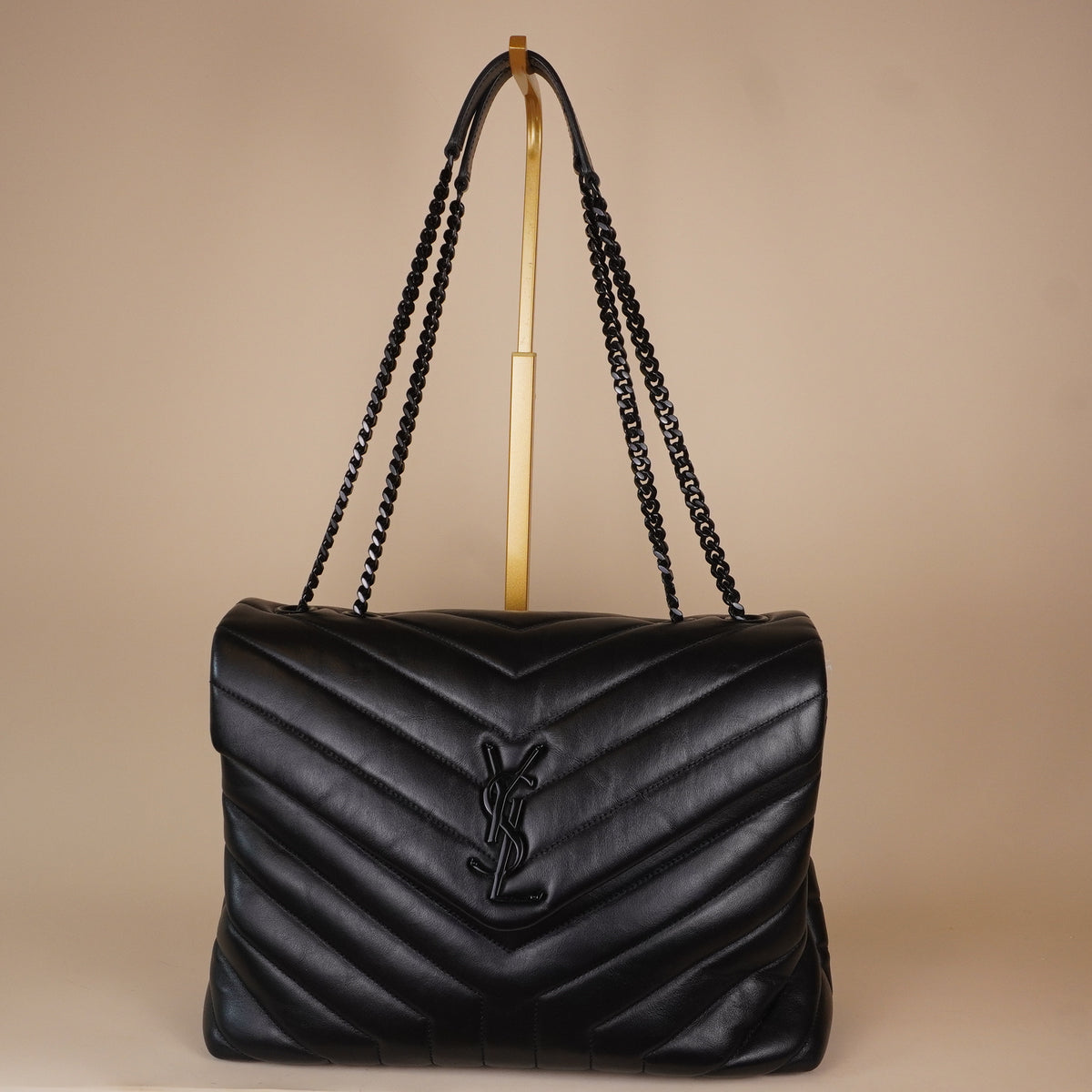 PRE-OWNED Black Calfskin Y Quilted Monogram Medium Loulou Chain Satchel