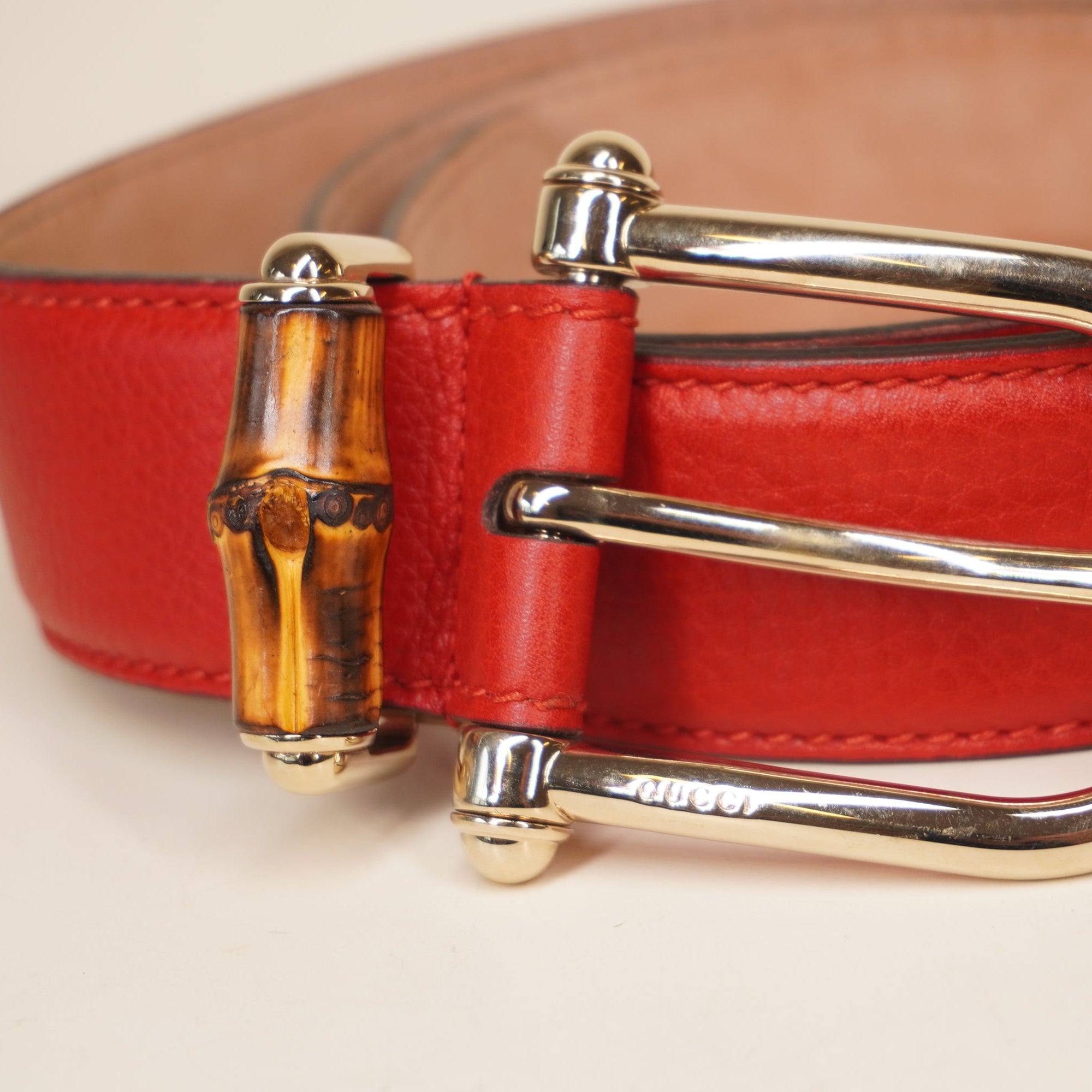 PRE-OWNED GG Red Leather Belt with Bamboo detail buckle