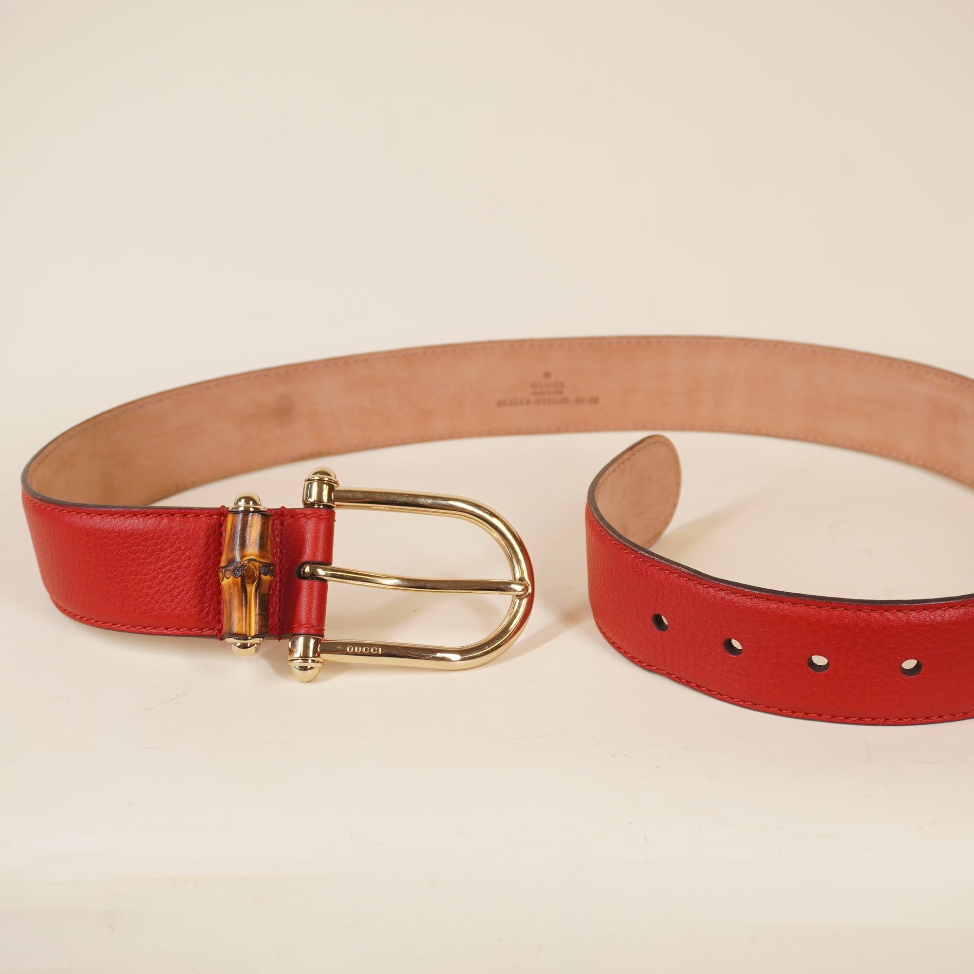 PRE-OWNED GG Red Leather Belt with Bamboo detail buckle