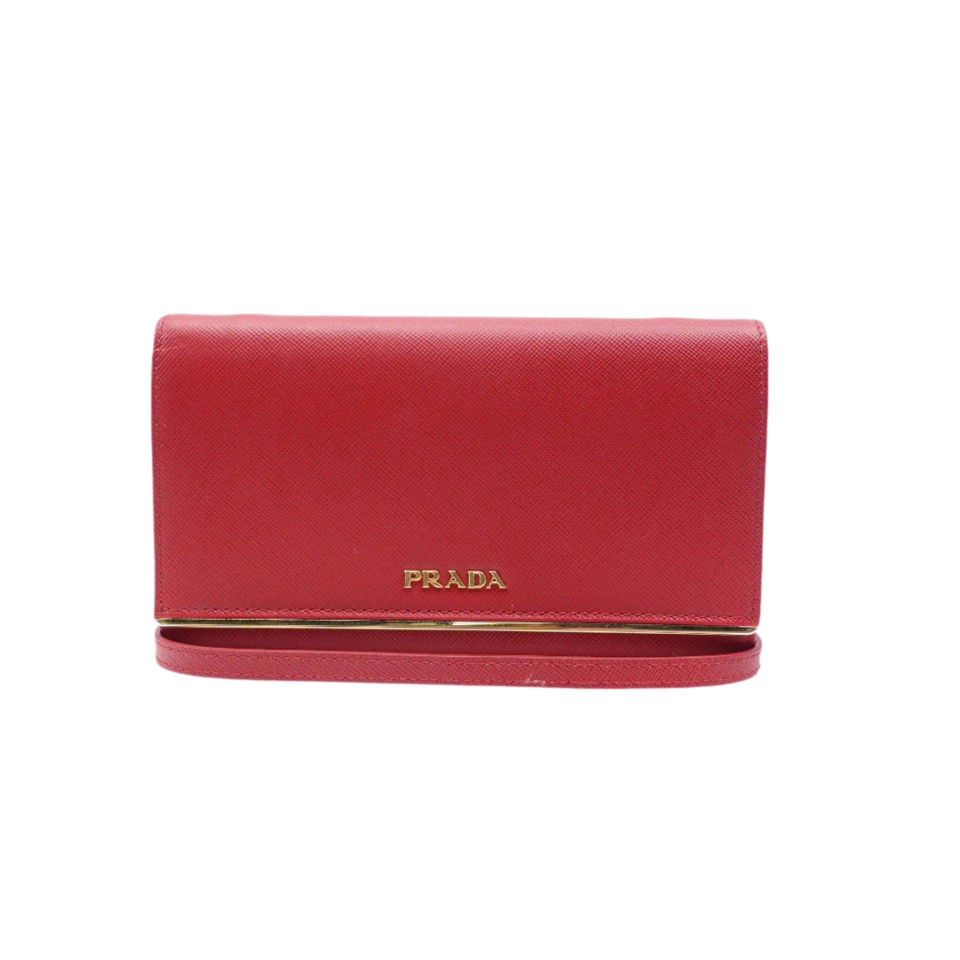 PRE-OWNED Red Saffiano Leather Fuoco Wallet on a Chain Crossbody Bag