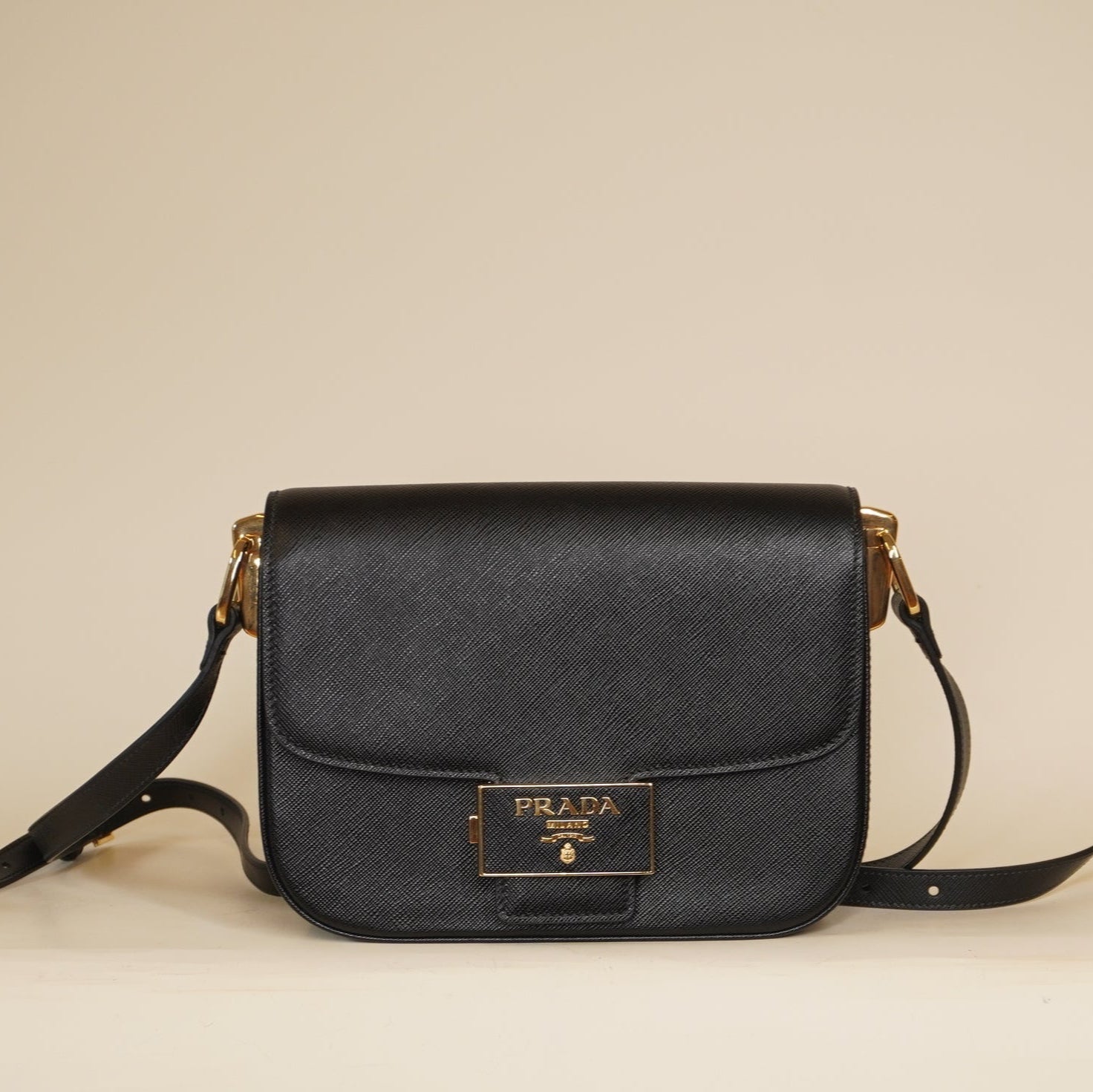 PRE-OWNED Saffiano Lux Embleme Flap Shoulder Bag Black