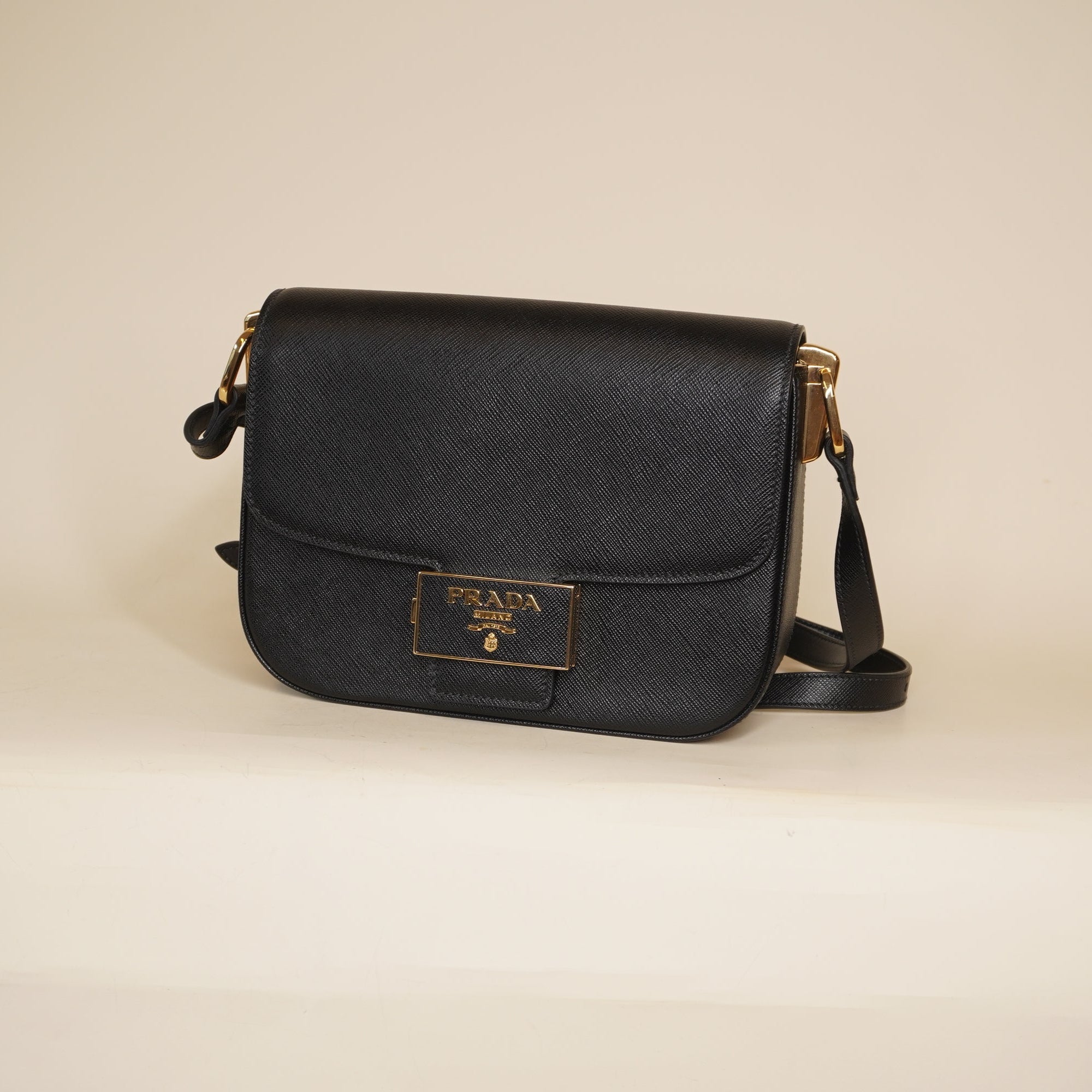 PRE-OWNED Saffiano Lux Embleme Flap Shoulder Bag Black