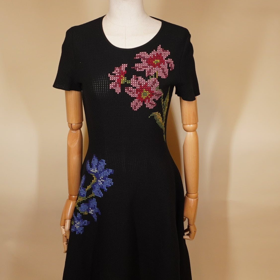 PRE-OWNED Floral Cross Stitch Pointelle Dress Black XS