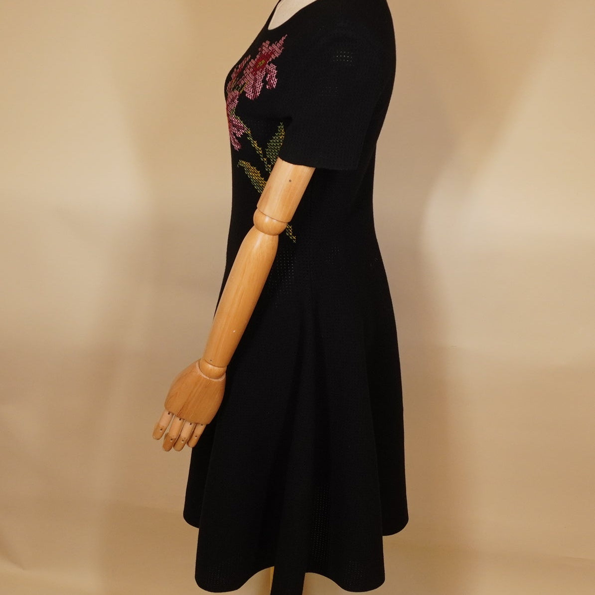 PRE-OWNED Floral Cross Stitch Pointelle Dress Black XS