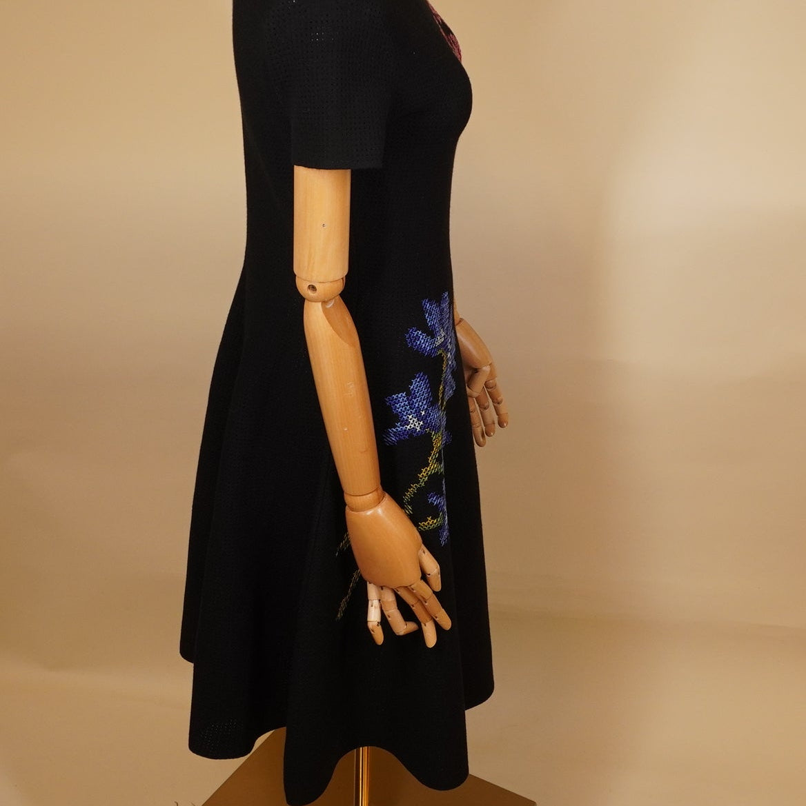 PRE-OWNED Floral Cross Stitch Pointelle Dress Black XS