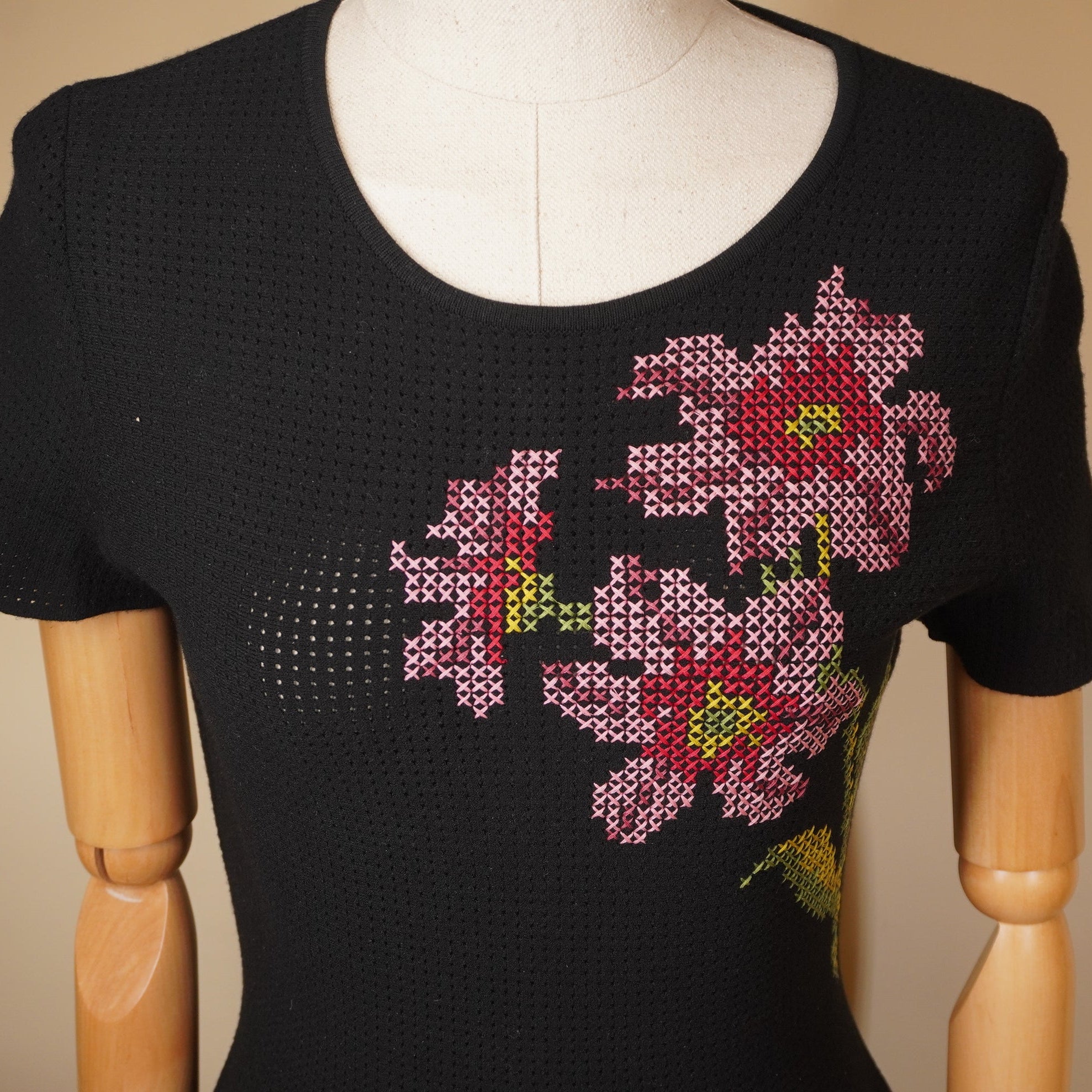 PRE-OWNED Floral Cross Stitch Pointelle Dress Black XS