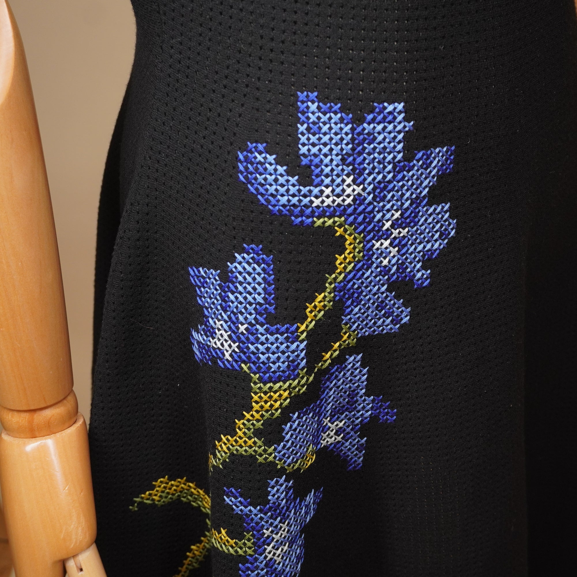 PRE-OWNED Floral Cross Stitch Pointelle Dress Black XS