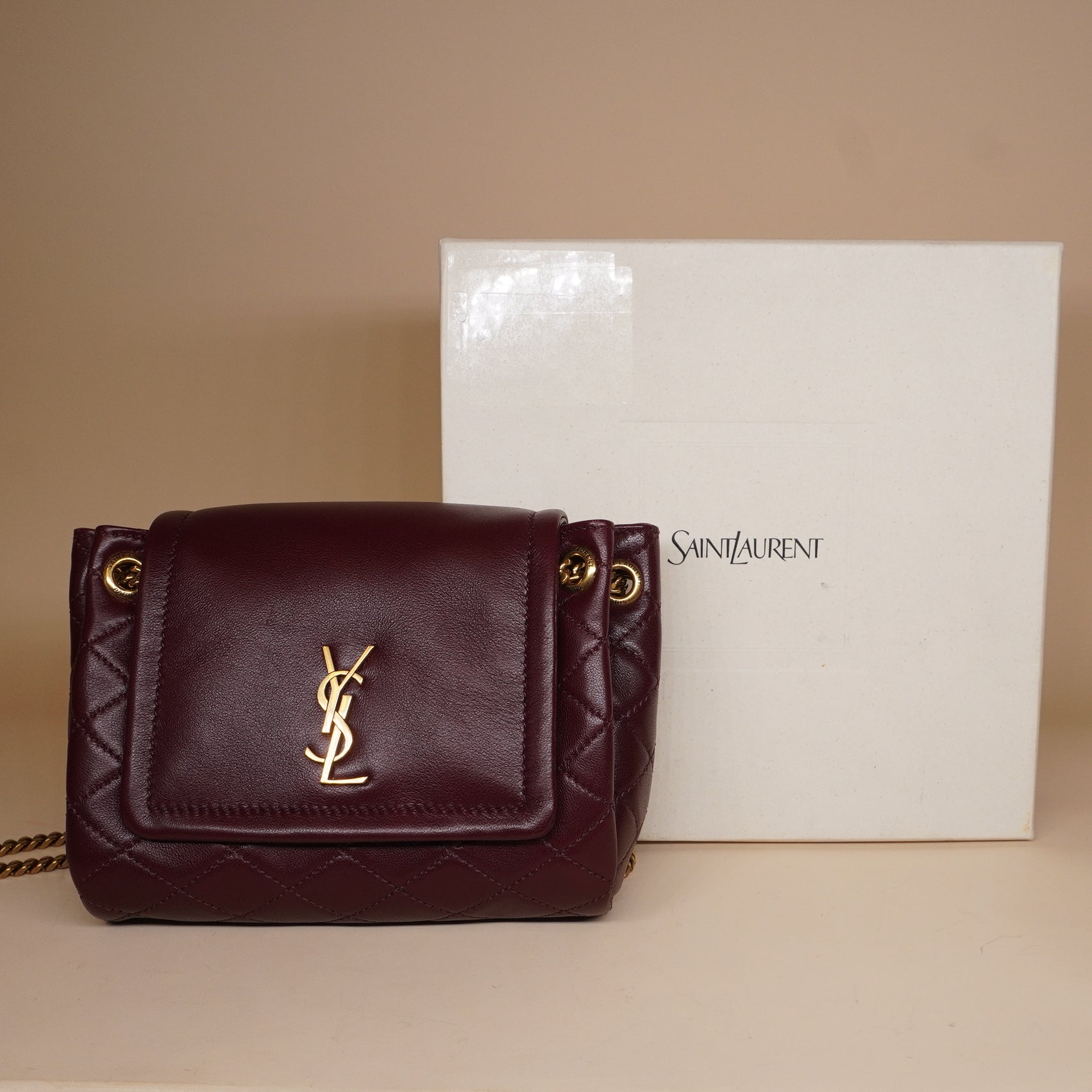 PRE-OWNED Lambskin Quilted Monogram Mini Nolita Rouge Cabernet