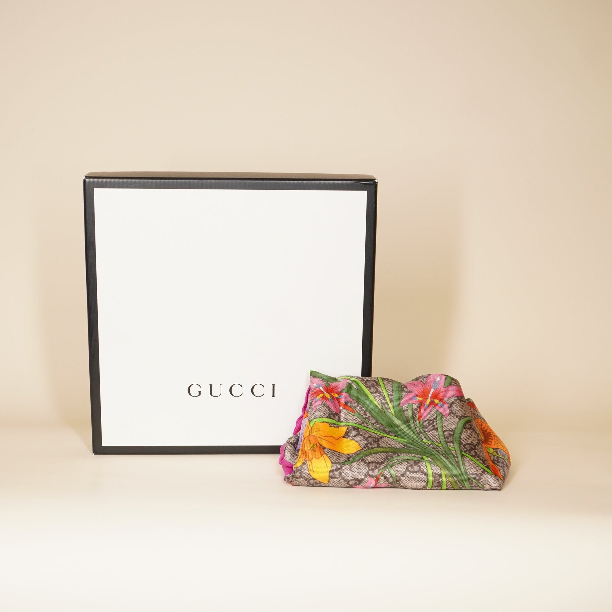 PRE-OWNED GG Silk twill scarf with Floral Print