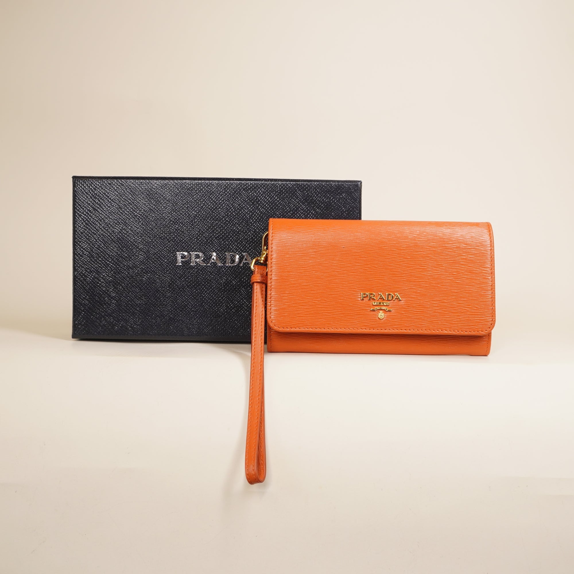 PRE-OWNED Saffiano Metal Wristlet Wallet Papaya
