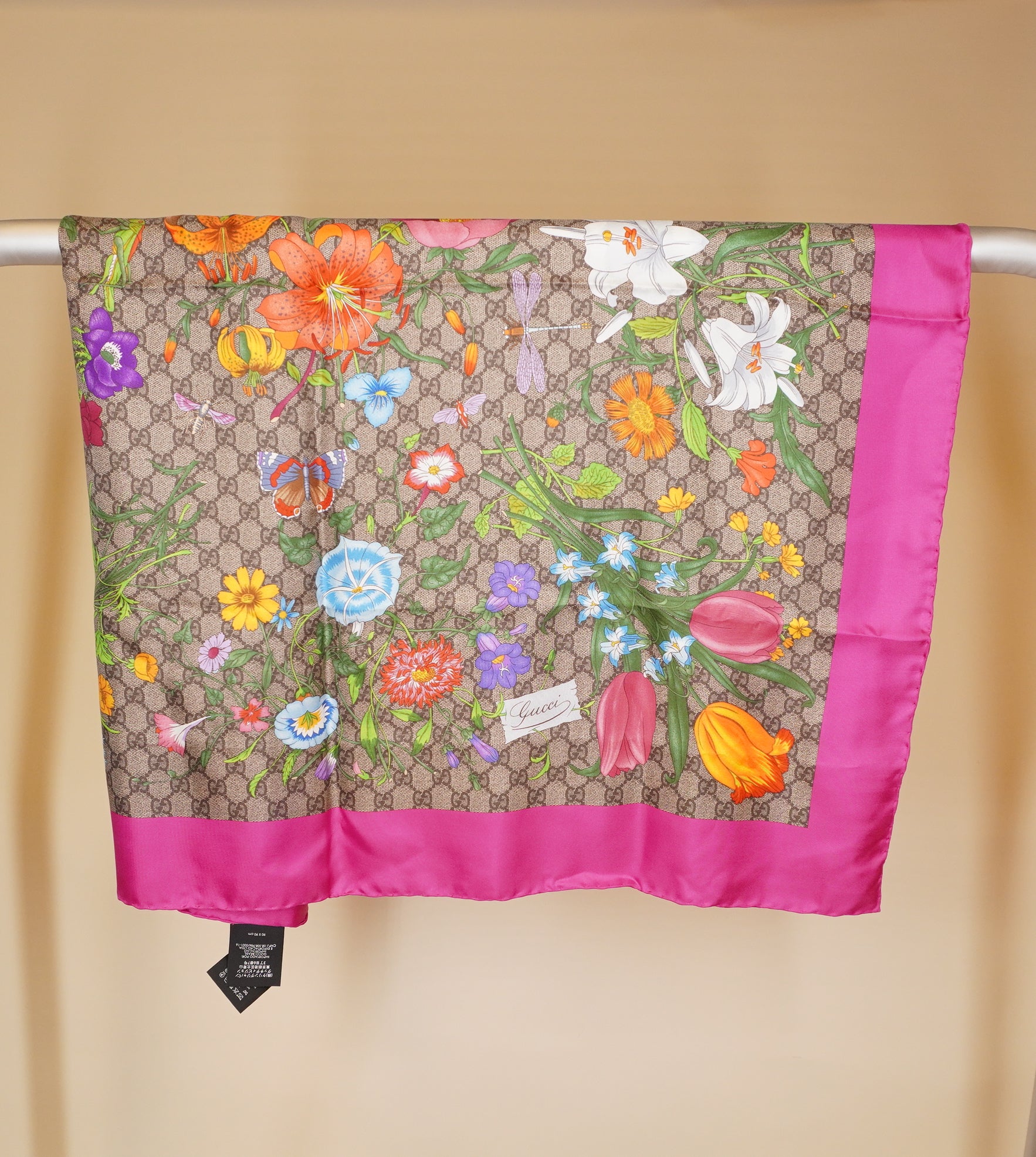 PRE-OWNED GG Silk twill scarf with Floral Print