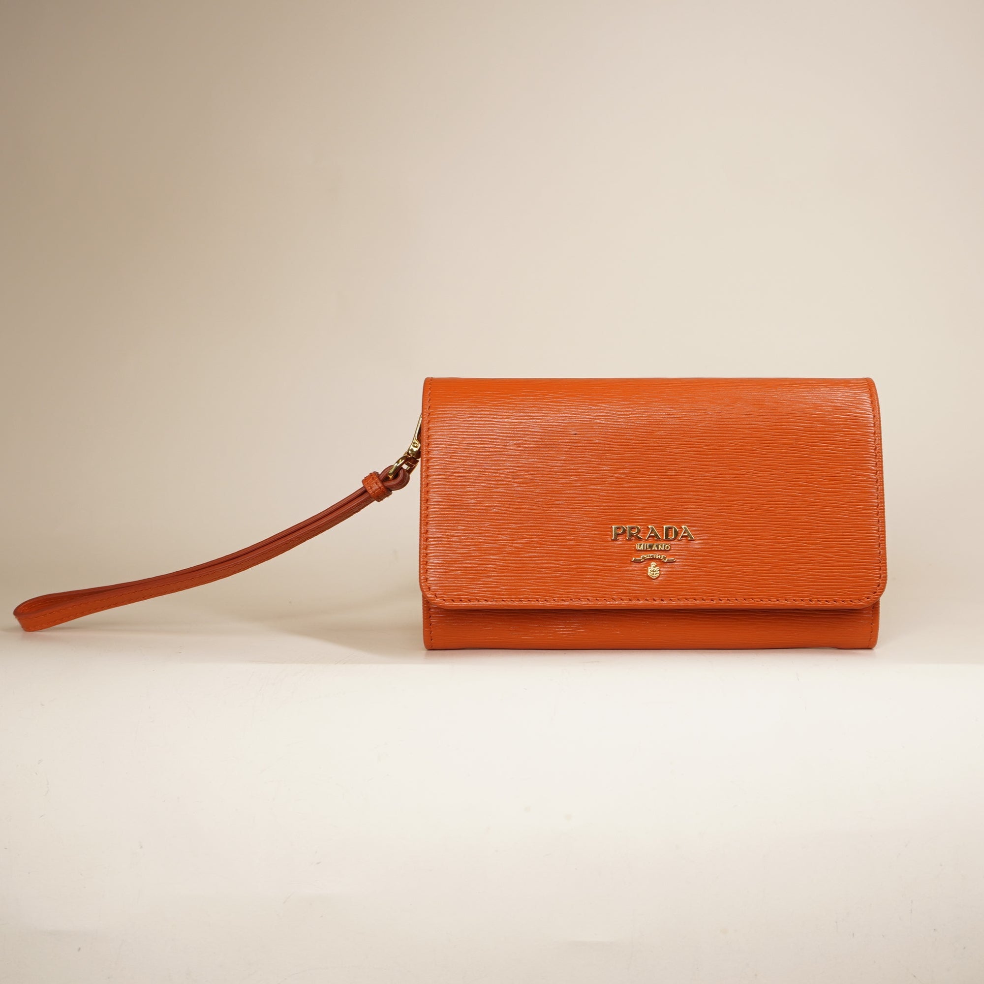 PRE-OWNED Saffiano Metal Wristlet Wallet Papaya