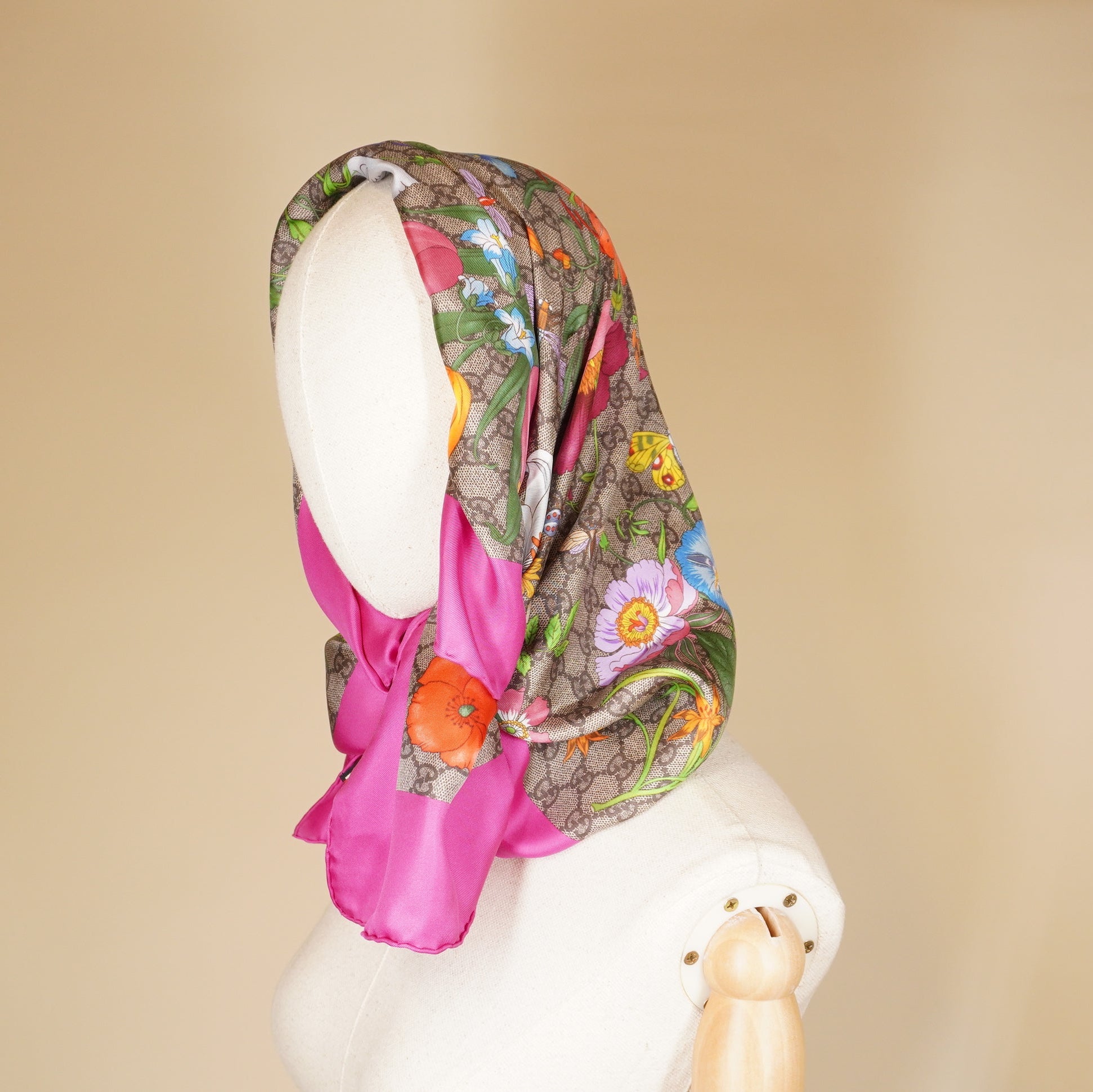 PRE-OWNED GG Silk twill scarf with Floral Print