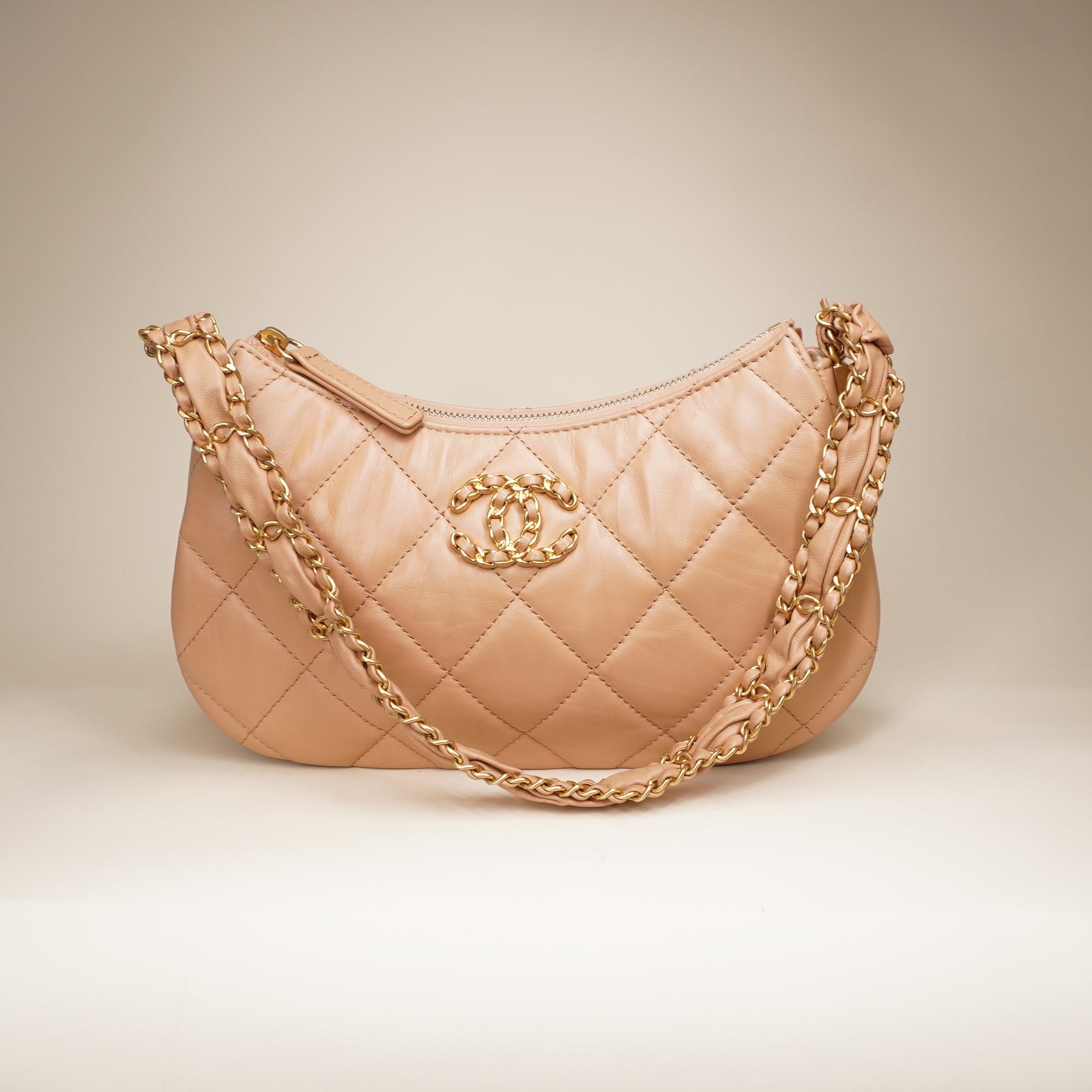 PRE-OWNED Aged Calfskin Quilted Small Chanel 19 Hobo Beige Shoulder Bag