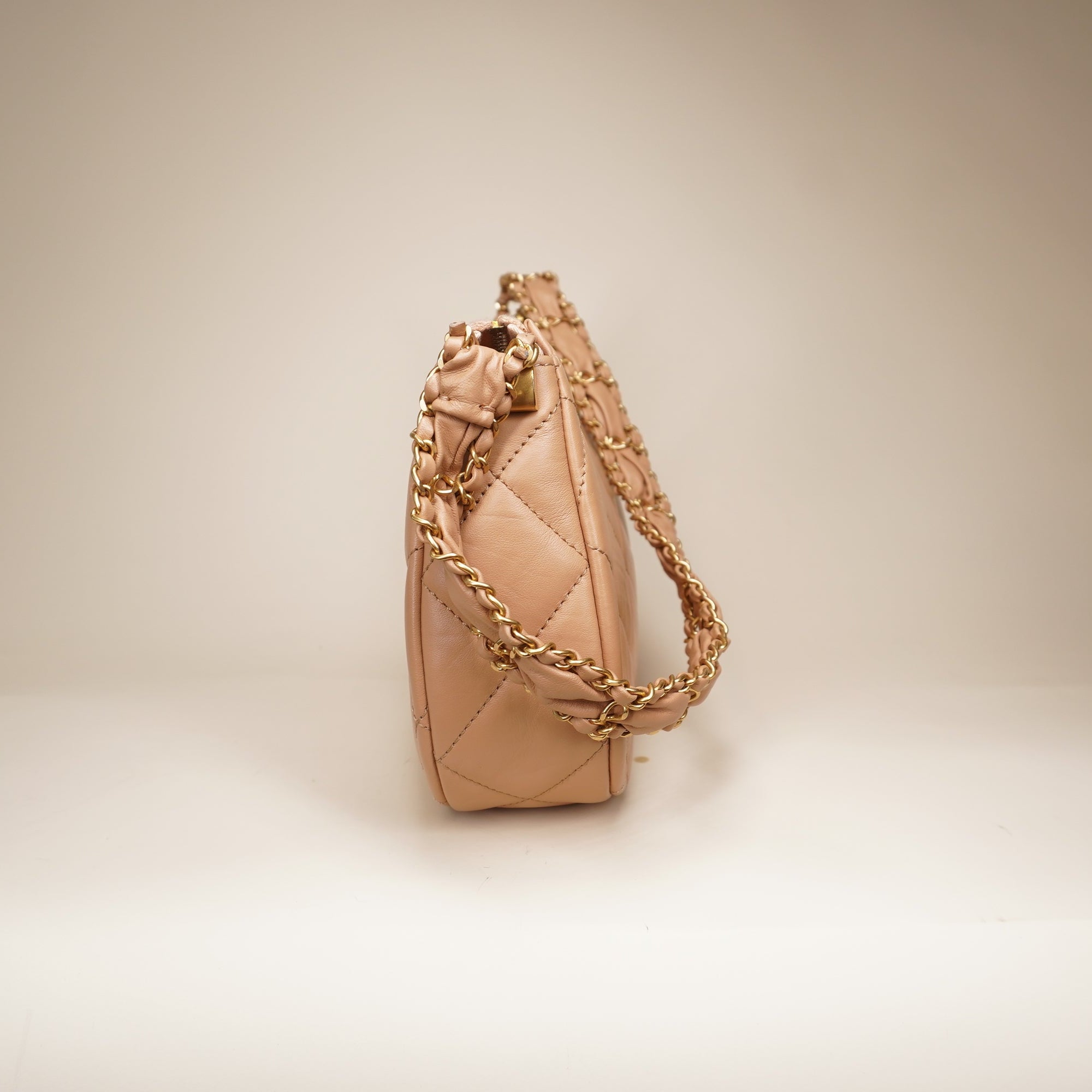 PRE-OWNED Aged Calfskin Quilted Small Chanel 19 Hobo Beige Shoulder Ba