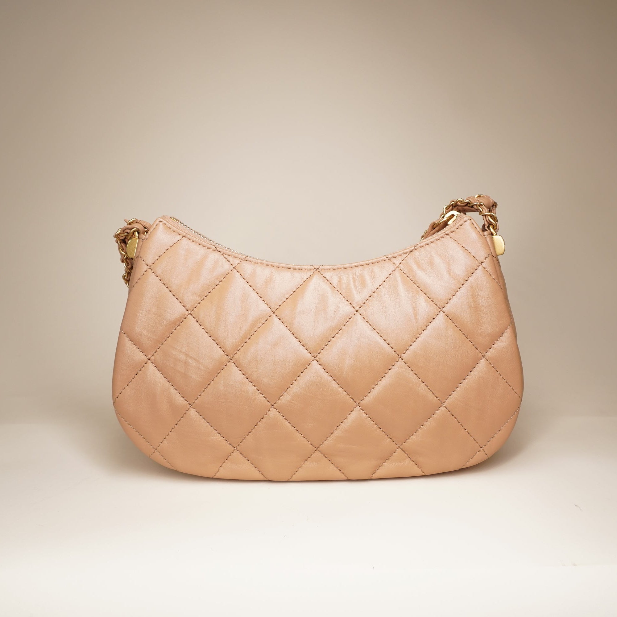 PRE-OWNED Aged Calfskin Quilted Small Chanel 19 Hobo Beige Shoulder Ba